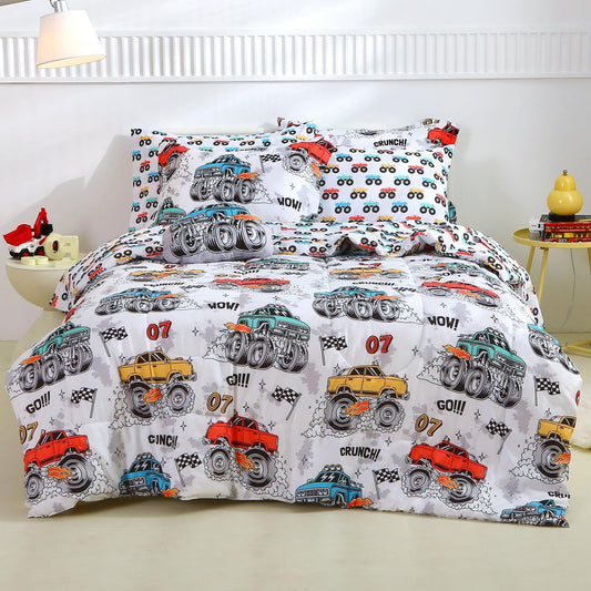Mooreeke Twin Size Comforter Sets for Boys Kids, 6 Pieces Bed in a Bag Monster Truck Bedding Comforter Sheet Set with Shams and Decorative Toy Pillow, Ultral Soft Microfiber Kids Bed Set