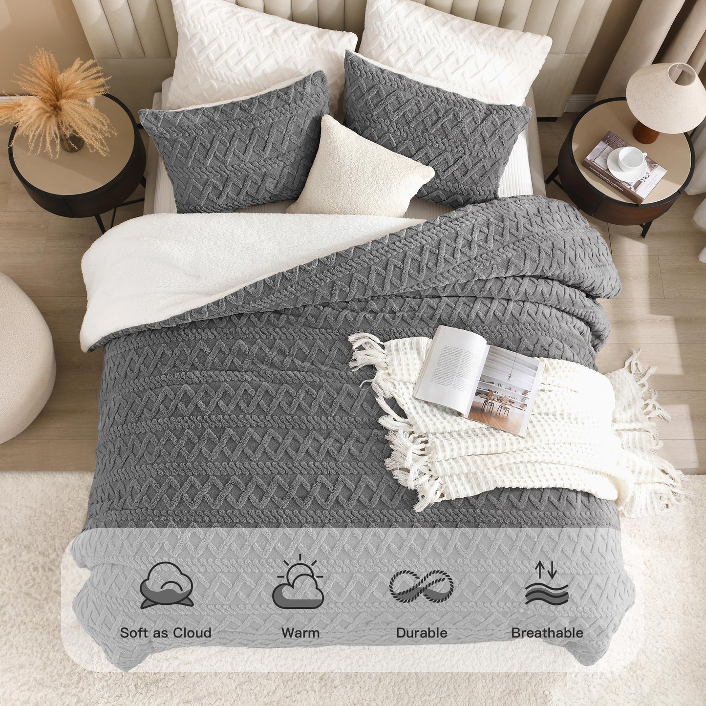Andency Fluffy Sherpa Full Comforter Set Grey, Super Soft Gray Fleece Warm Bedding for Winter, Luxury Jacquard Boho Thick Fuzzy Plush Bed Set 3 Pieces(1 Shaggy Comforter, 2 Pillowcases)