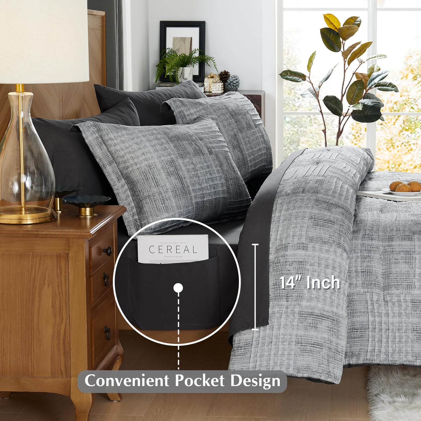 MaiRêve Charcoal Grey Queen Comforter Set, Textured Design Grey Crinkle Bed in A Bag Queen Size, Queen Comforter Set with 7 Pieces with Comforter, Sheets, Pillowcases & Shams 90"x 90"