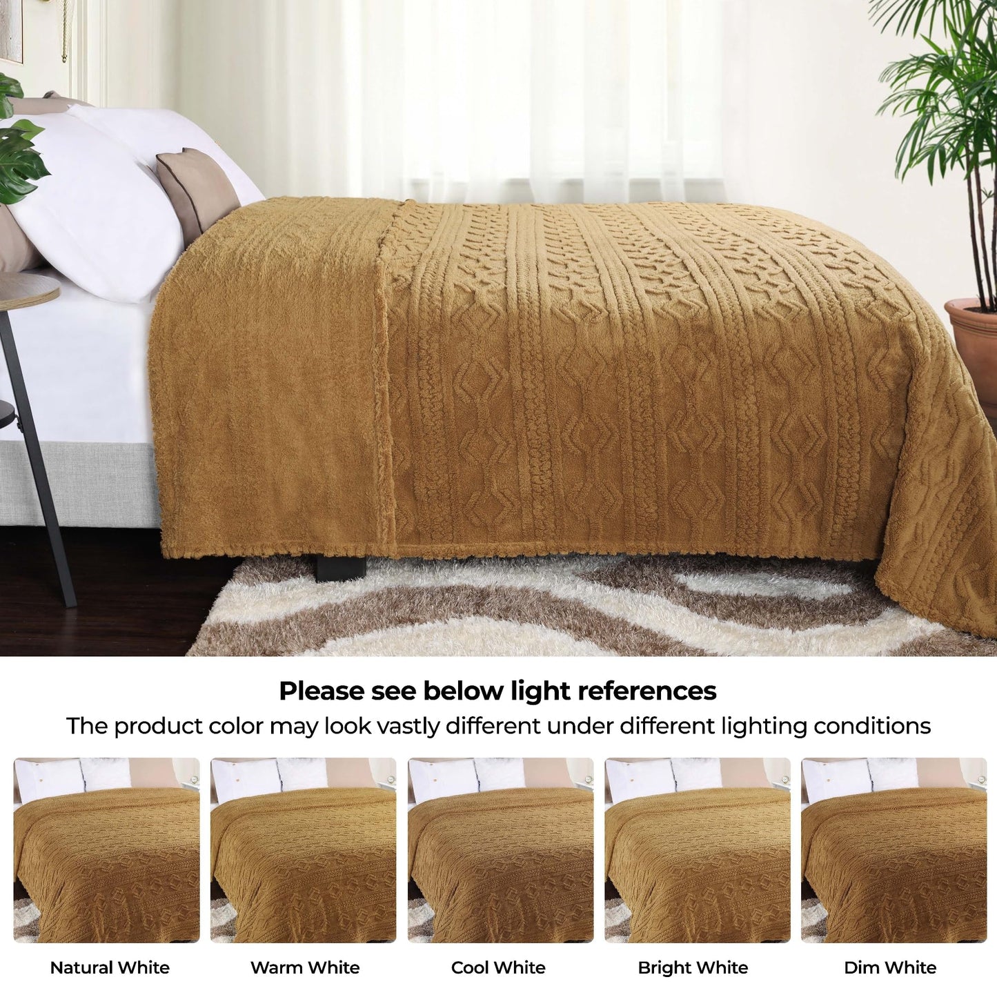 Superior Fleece Boho Jacquard Blanket, Decorative Blankets for Bedroom, Sofa, Fuzzy, Plush, Fluffy, Soft, Cute Room Decor, Beautiful Cover, Comfort Essentials, Arctic Collection, King, Camel