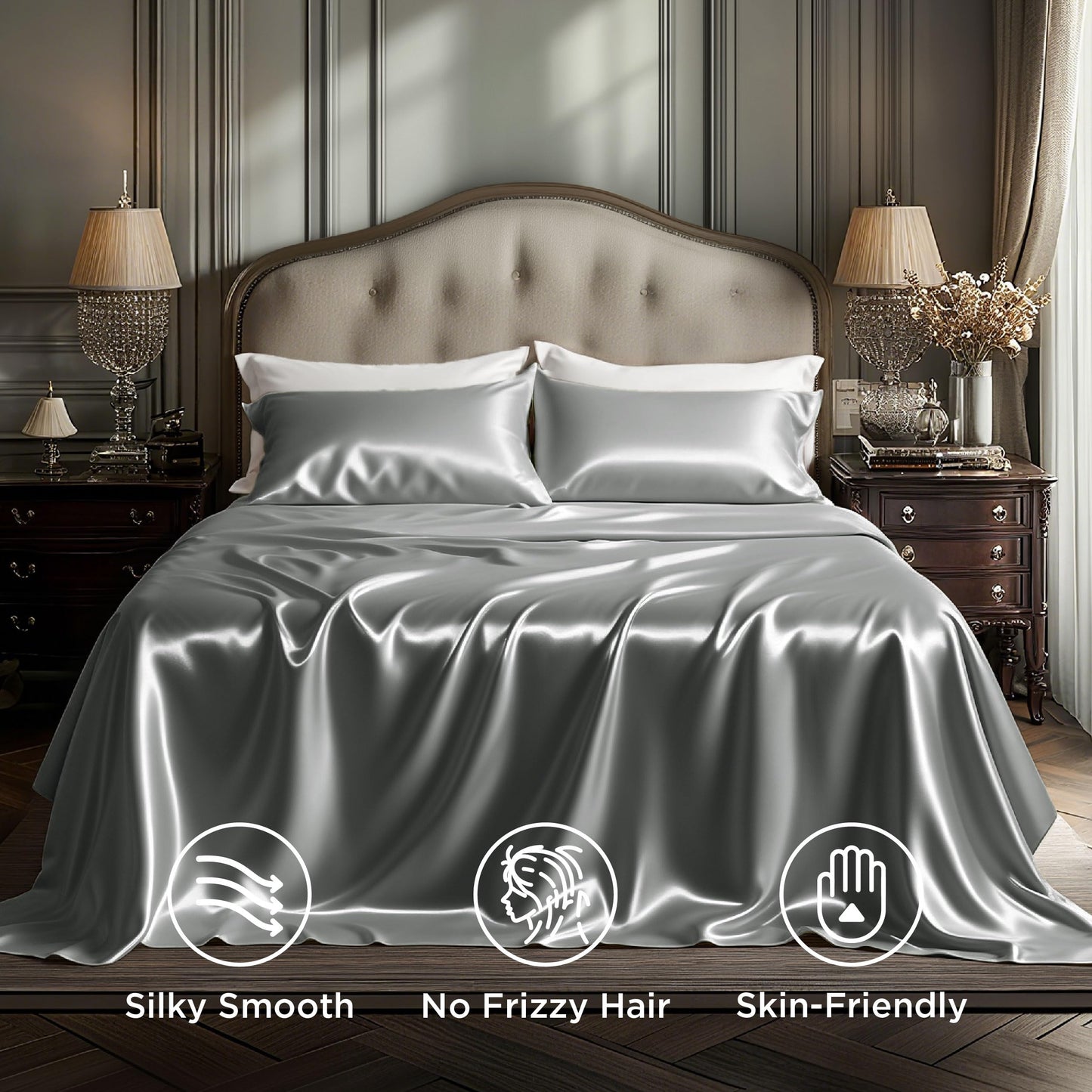 Bedsure Satin Sheets Full Size - 4 Piece Silky Bedsheets with Elastic Corner Straps and 15 Inches Deep Pocket Fitted Bedsheet,1 Flat Sheet, 2 Satin Pillowcases, Good for Hair & Skin (Full, Dark Grey)