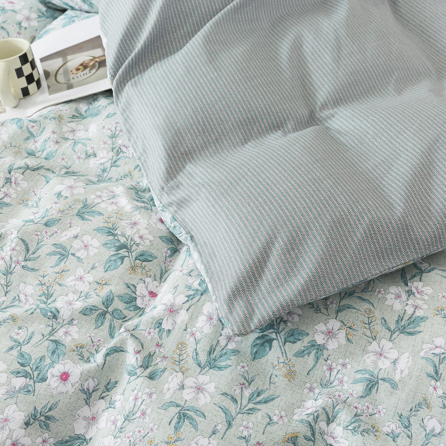 HoneiLife Botanical Duvet Cover King - 100% Cotton Comforter Cover 3-PC, Floral Bedlinen Set with Zipper Closure & Corner Ties, Wildflower Comforter Cover Sets, Greenery