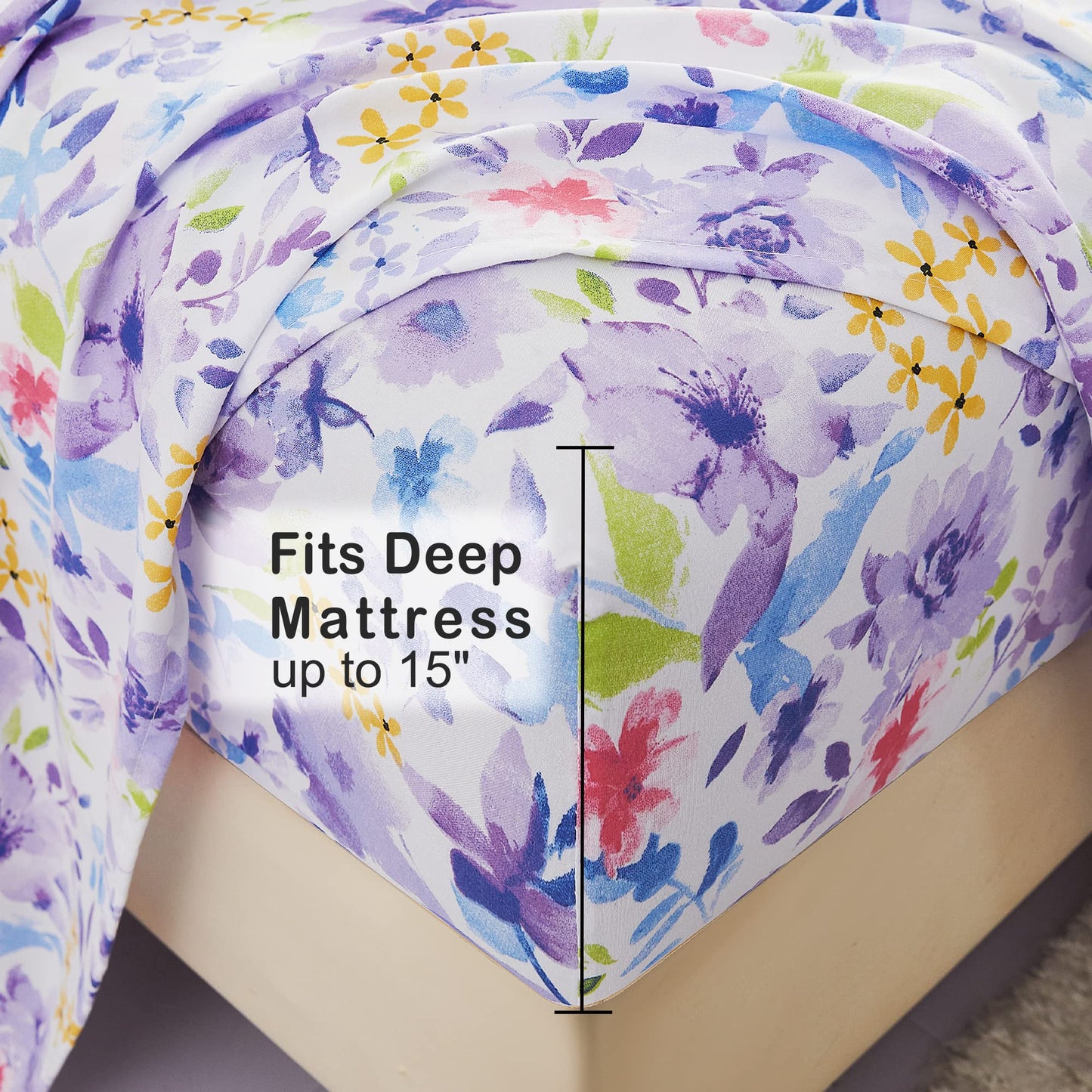 Mooreeke Floral Full Sheets, Soft Breathable Microfiber Vintage Printed Bed Sheet Set, Deep Pocket Non-Slip Fitted Sheet Included, Purple Flower Pattern