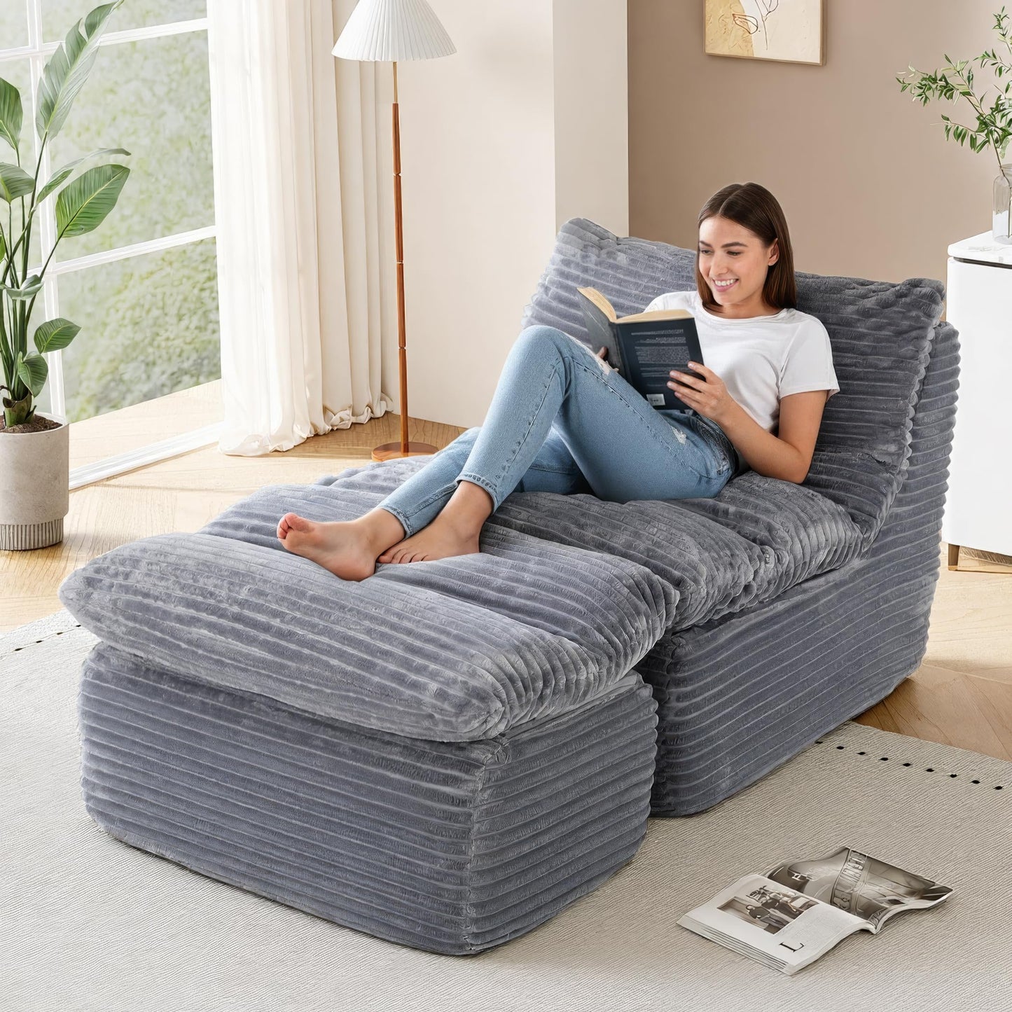 COLAMY Bean Bag Chair, Lounge Chair with Removable Ottoman for Adults, Comfy Fabric Sofa Bed Couch with Memory Foam, Backrest for Living Room, Office, Bedroom, Grey
