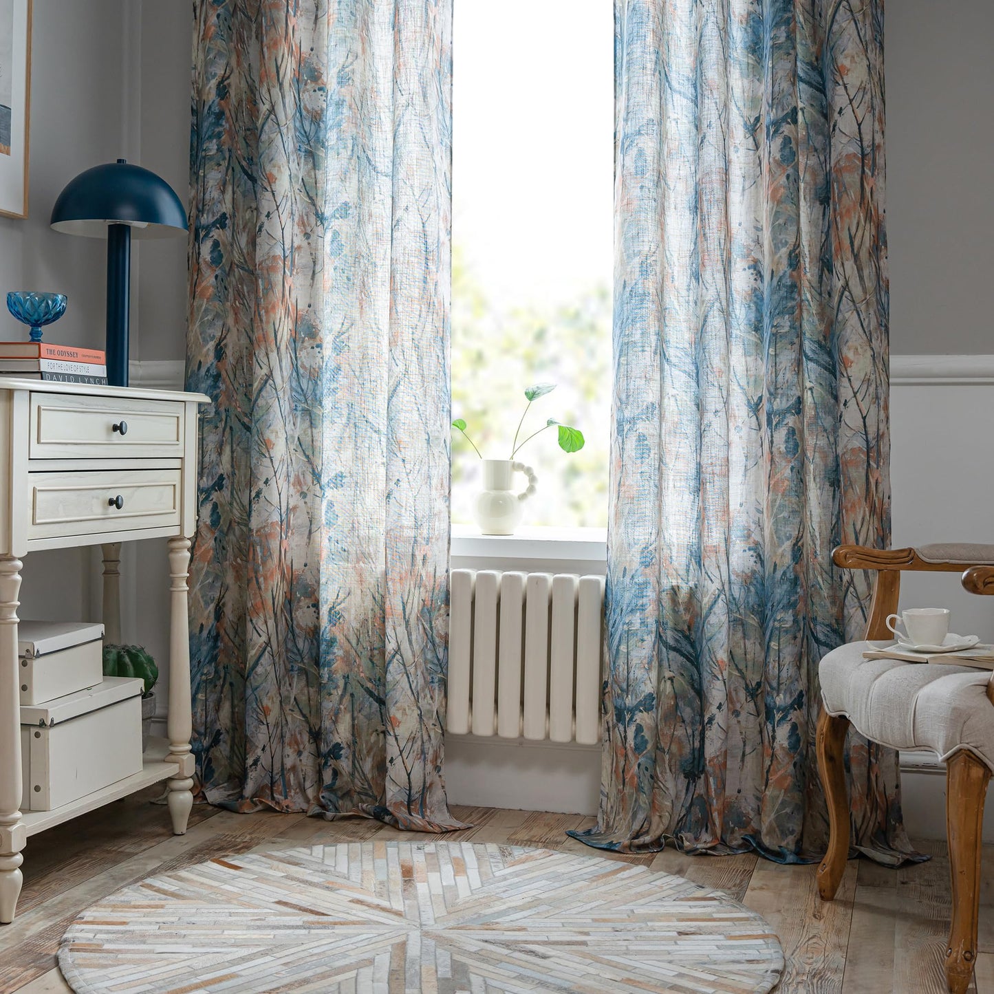 MEETSKY Blue Curtains 84 Inch Long for Living Room - Branches Pattern Printed Curtain Light Filtering Thick Linen Textured Grommet Drapes for Bedroom, 52" x 84", Blue, 2 Panels