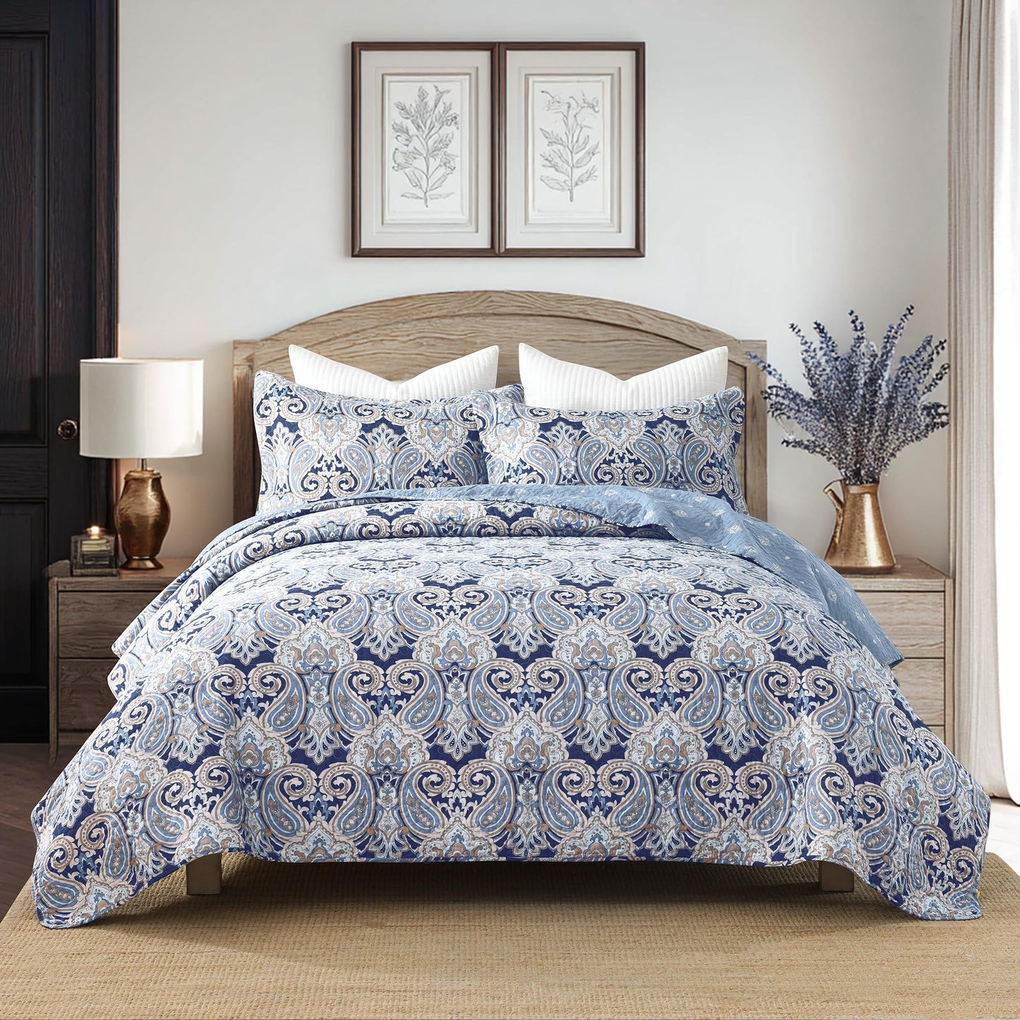 BCOTTOND Blue Paisley Queen Size Quilt Set - Reversible Paisley Beige Floral Quilts Queen Size, 100% Cotton Lightweight Bedspread Set, Luxury Quilt Bedding Set for Queen Bed, Navy Blue, 90×98