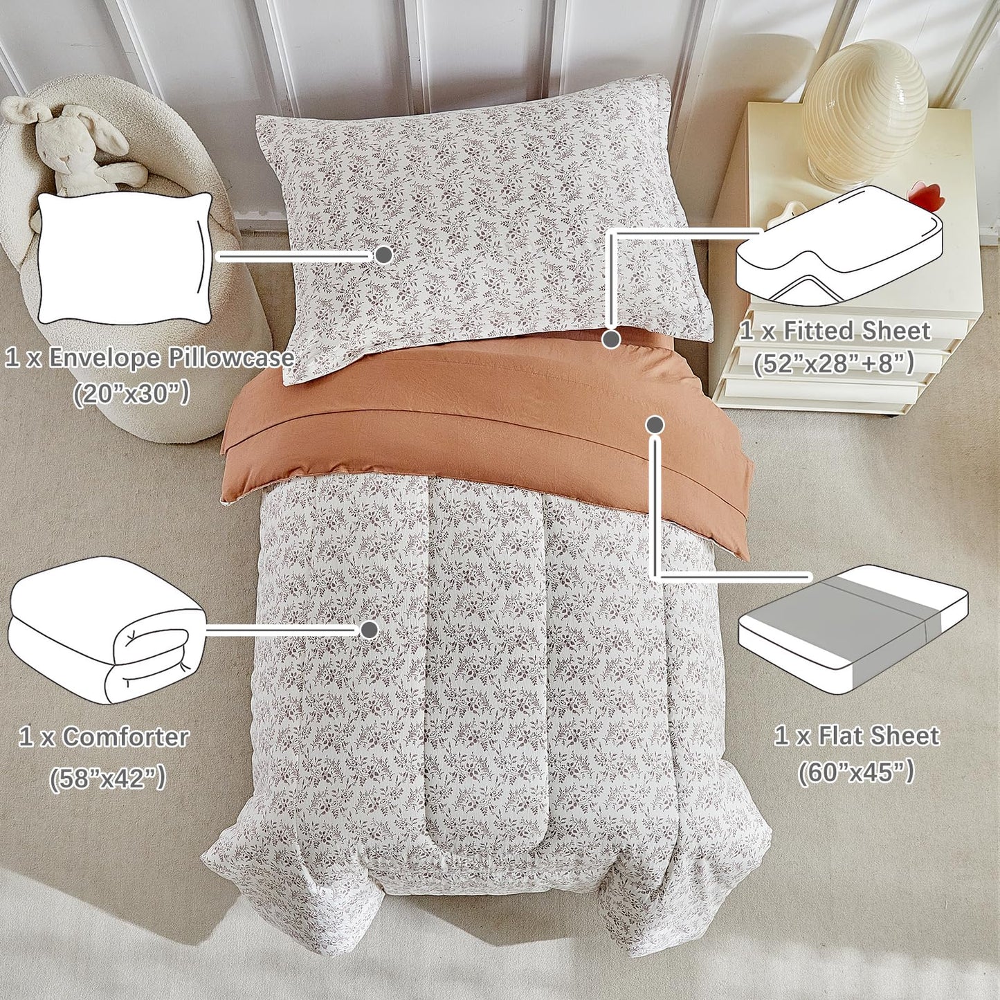DuShow Toddler Bedding Set for Girls and Boys,4 Piece Bed-in-a-Bag Toddler Comforter Sets,Tan Leaf Crib Bedding Sheets Set,Include Quilt Comforter,Flat Sheet,Fitted Sheet,Pillowcase