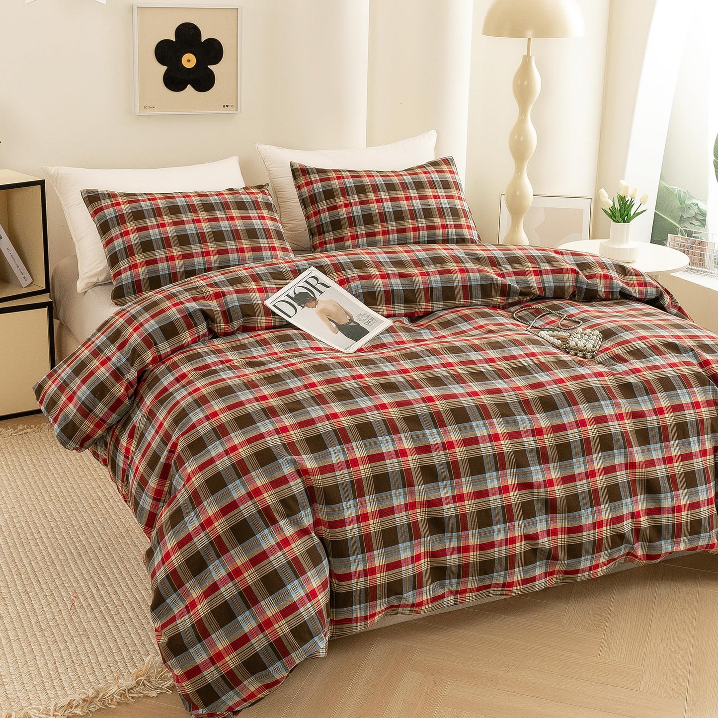 ECOCOTT Buffalo Plaid Duvet Cover Queen Size– 3 Piece Washed Cotton Bedding Set with Classic Checkered Pattern, Red & Brown Duvet Cover with Pillowcases for All Seasons