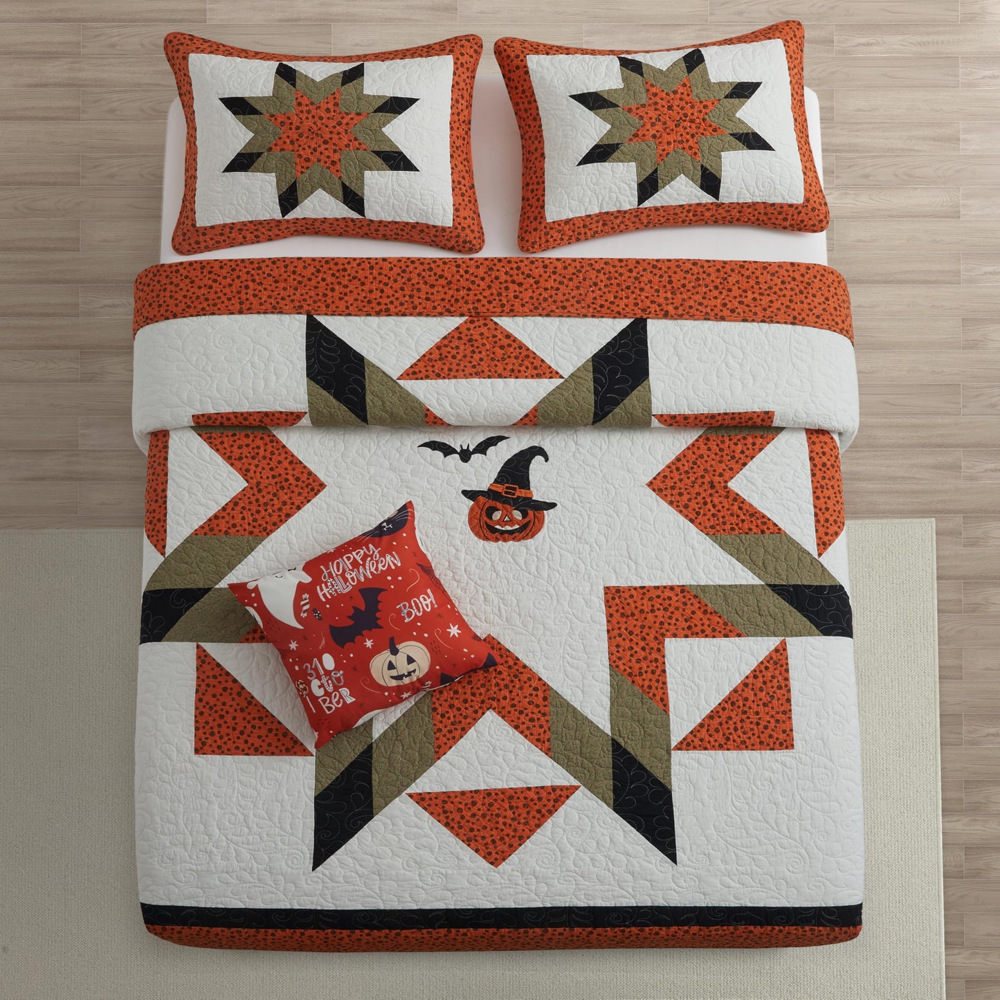 NELIFDER Halloween Quilt Queen Size Bedding Set 100% Cotton Embroidery Bats Pumpkin Festival Pattern Bedspread Real Patchwork Star 3 Peice Coverlet with 2 Pillow Shams 90"x90"