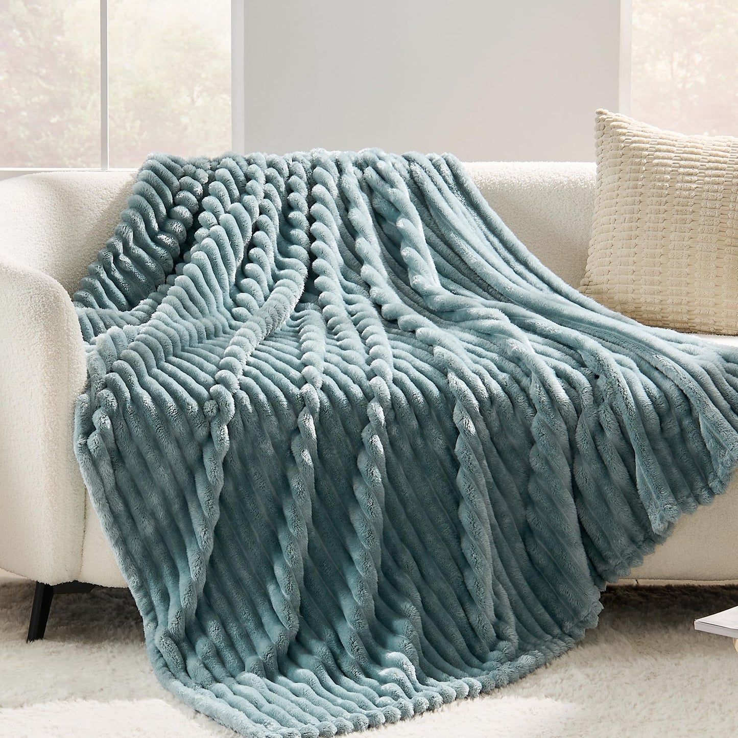 SUPRYNEX Dusty Blue Striped Throw Blanket, 330GSM Soft Plush Fleece Blanket for Couch Sofa Travel, Decorative Cozy Giftable Home Blanket, 50x70 Inches