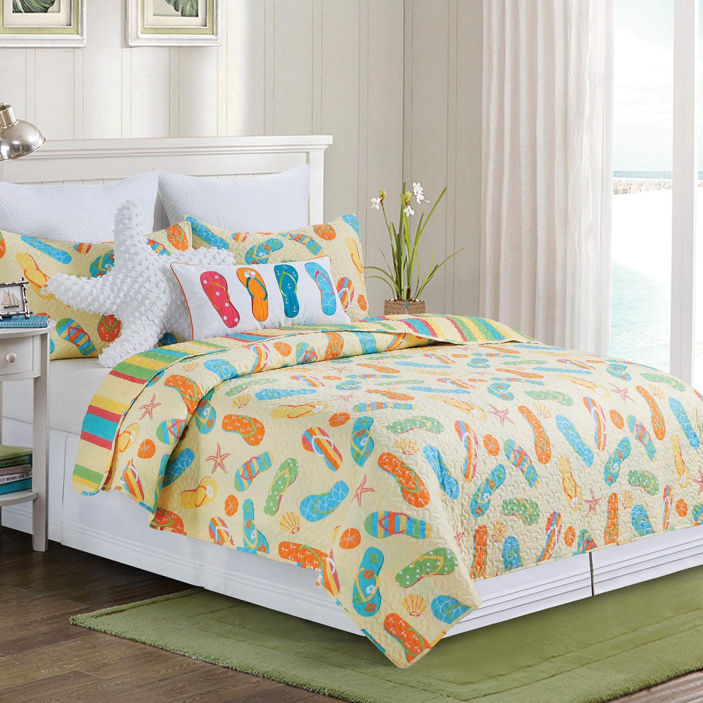 C&F Home Sunny Splash Flip Flops 3-Piece Full/Queen Quilt Set Versatile Summer Nautical Coastal Beach House Reversible Machine Wash Lightweight Coverlet Comforter Bedroom Bedding Decor Decoration