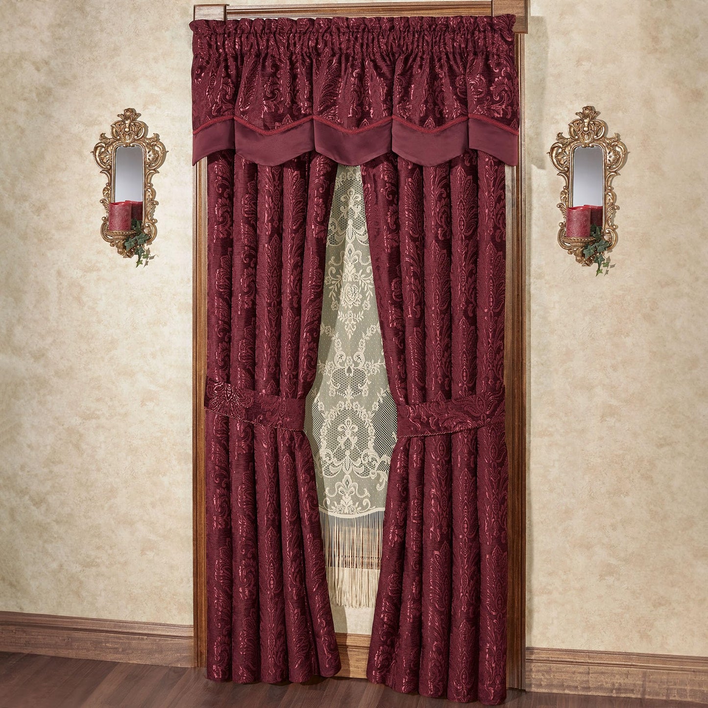 Touch of Class Camelot Luxury Window Treatment | Robust Burgundy | Matte Satin Damask on Richly Textured Jacquard-Woven Chenille Design | Drapery Set Includes Scalloped Valance and 84L Curtain Pair