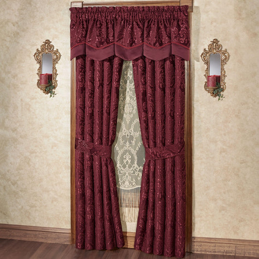 Touch of Class Camelot Luxury Window Treatment | Robust Burgundy | Matte Satin Damask on Richly Textured Jacquard-Woven Chenille Design | Drapery Set Includes Scalloped Valance and 84L Curtain Pair