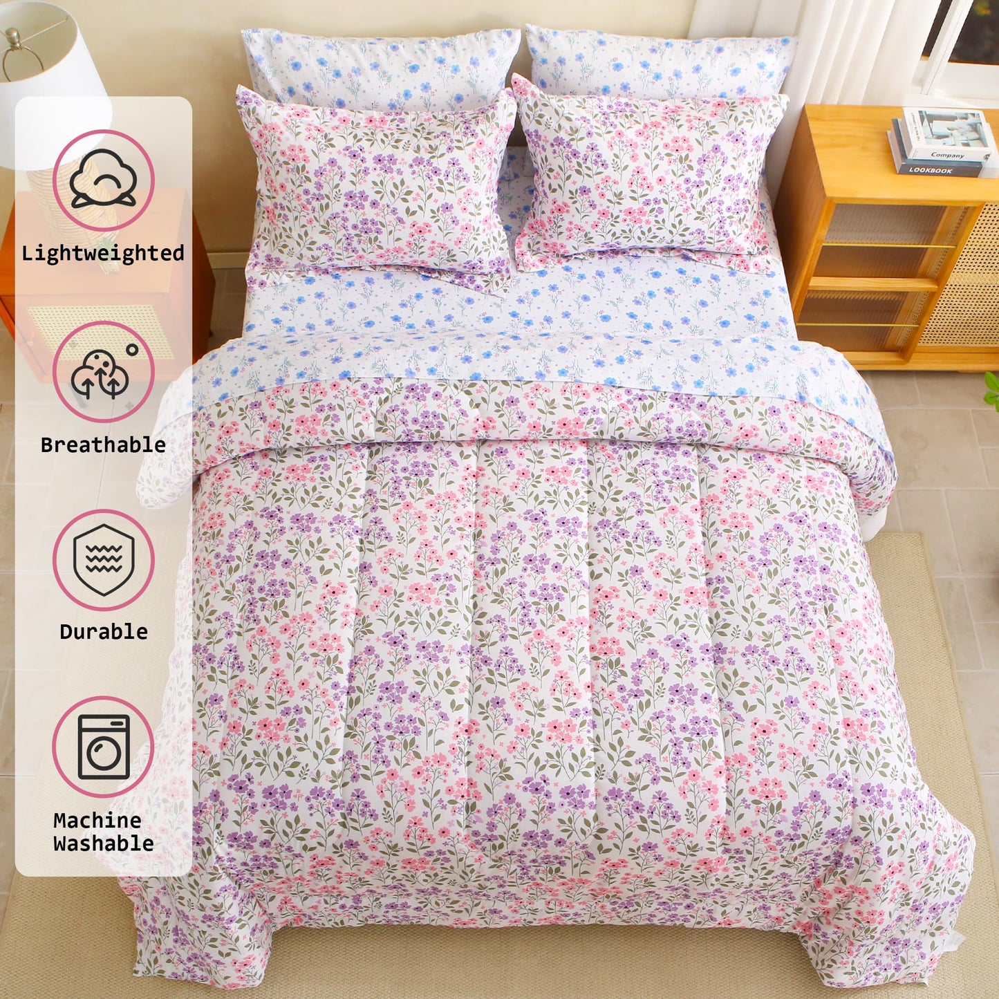 lasoftan Floral Queen Comforter Set with Sheets, 7 piece Luxury Vintage Bedding, Soft Microfiber Bed in a Bag, Cozy Lightweight Bed Set, Purple Flower Green Leaf