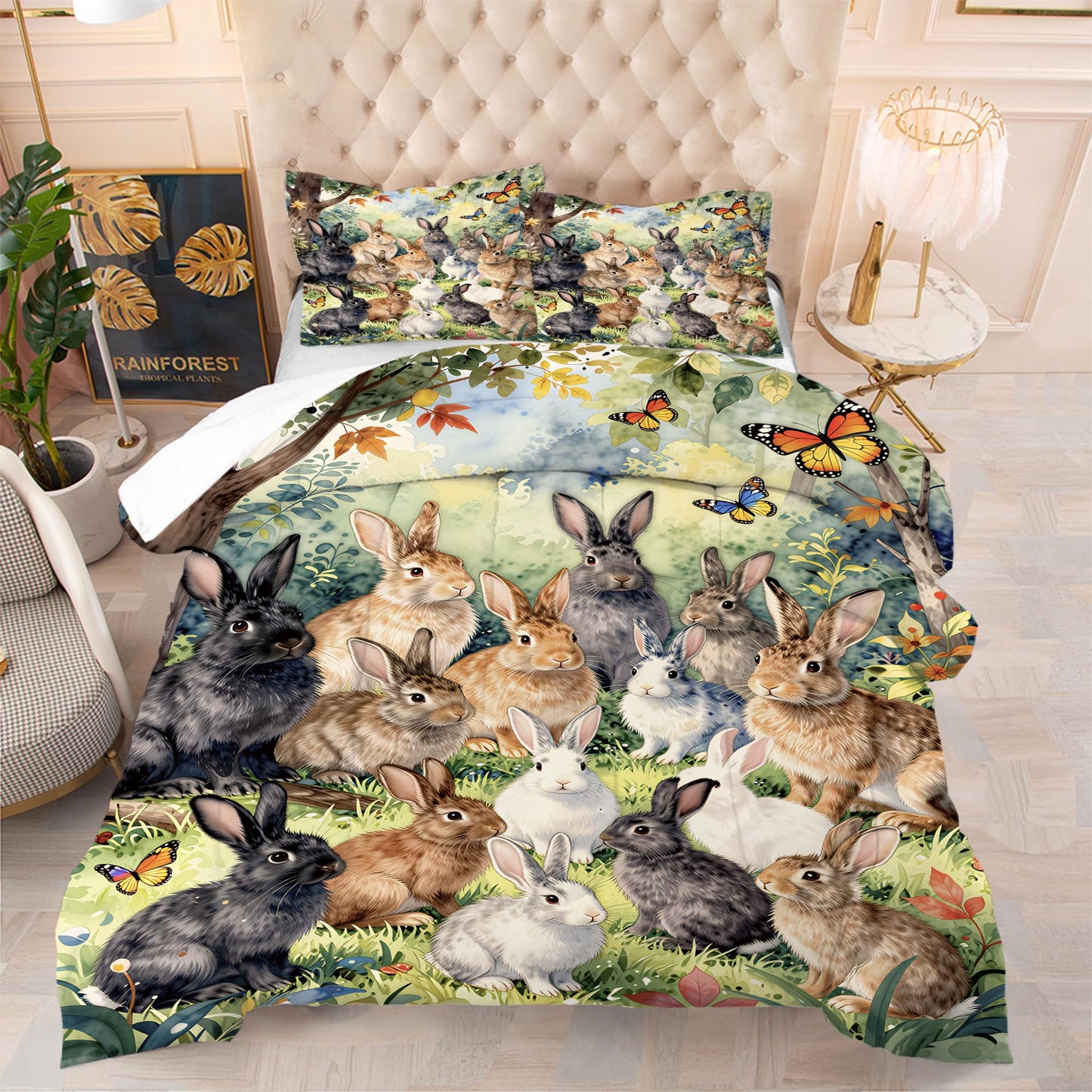 EDGZKO Cute Rabbit Comforter Set, Queen Size Bunny Happy Easter Bedding Set for Boys Girls Kids Teens Adults, Wild Animals Quilt Duvet Bed Set, Wildlife Bedroom Decor 1 Comforter & 2 Pillowcases