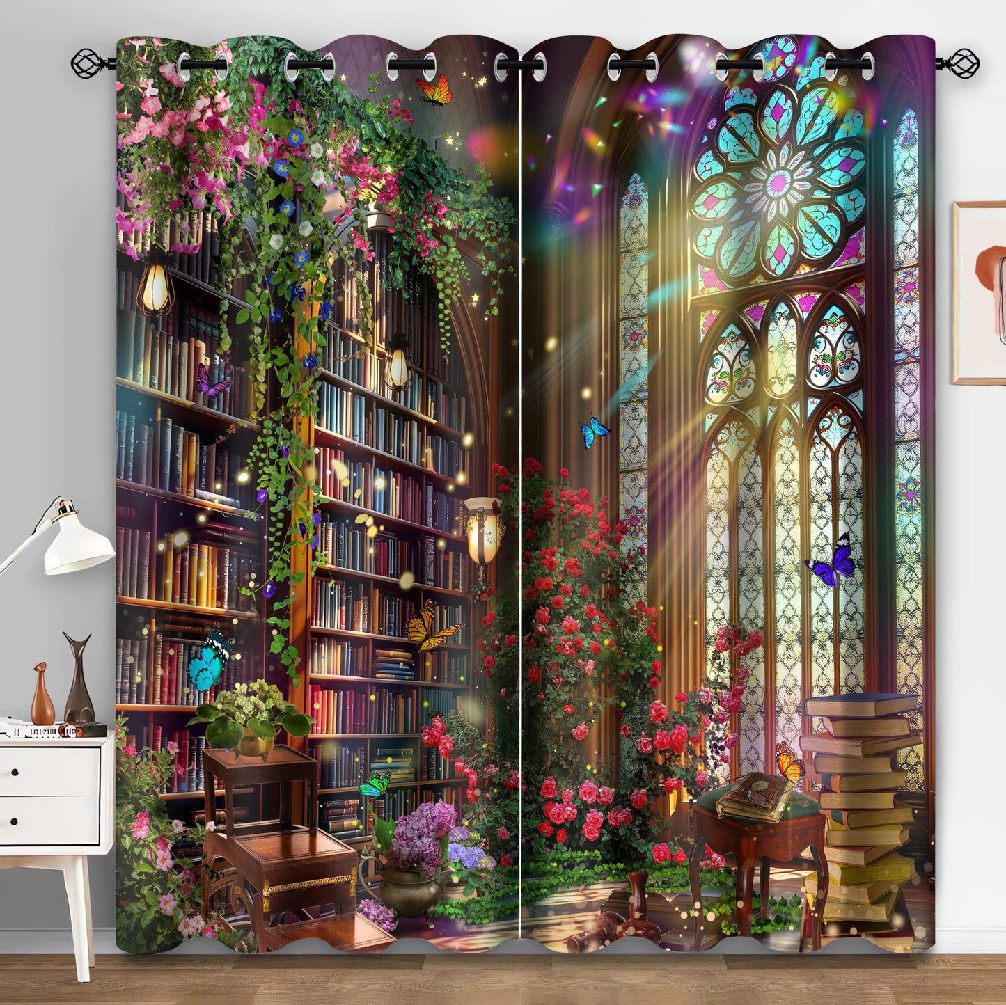 HIYSMT Fantasy Library Blackout Curtains,Stained Glass Medieval Curtain,4284inch Fairy Tale Magic Book Bookshelf Butterfly Print Drapes for Bedroom Living Room 2Panel HI09YL
