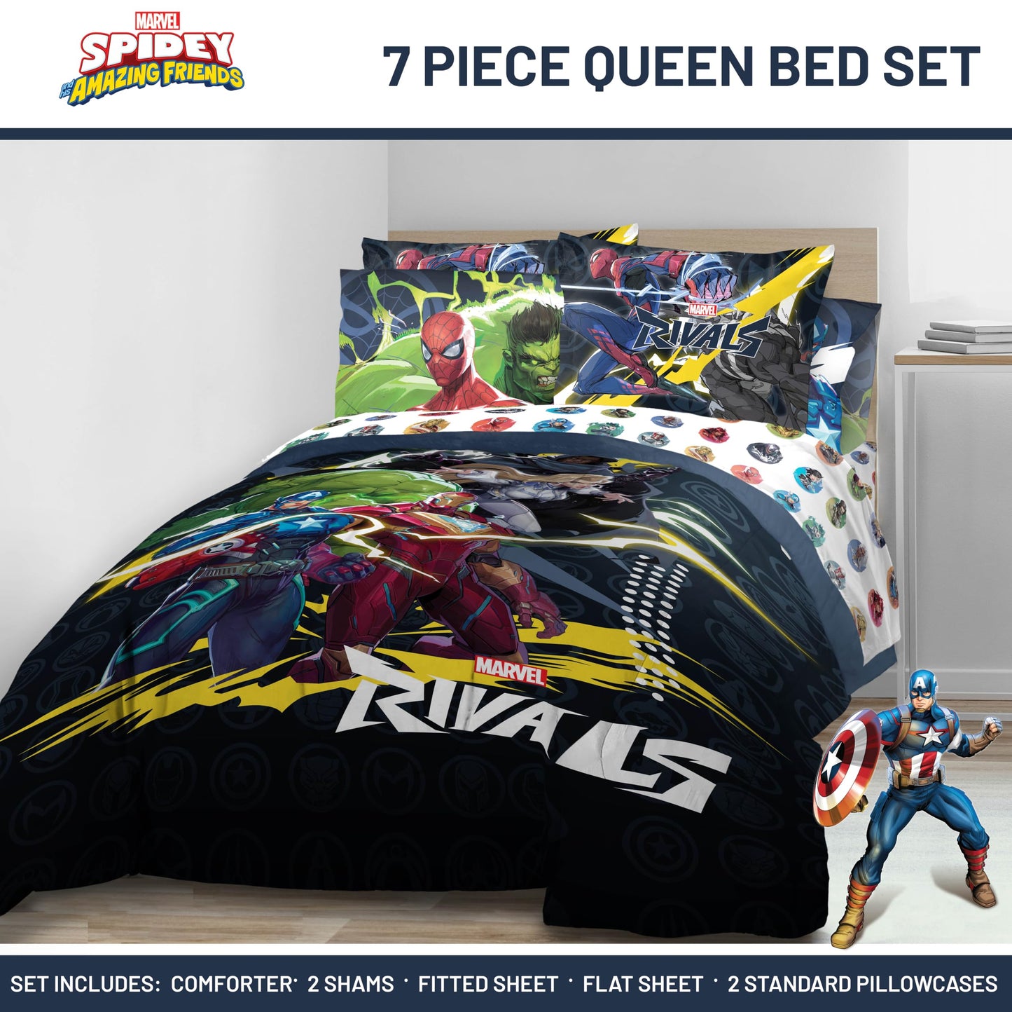Jay Franco Kids Comforter Set Includes Sheets and Pillow Covers - Soft and Cozy Bed Set for Stylish Room Decor, Official Licensed Bedding, Multi - Marvel Rivals, 7 Piece Queen