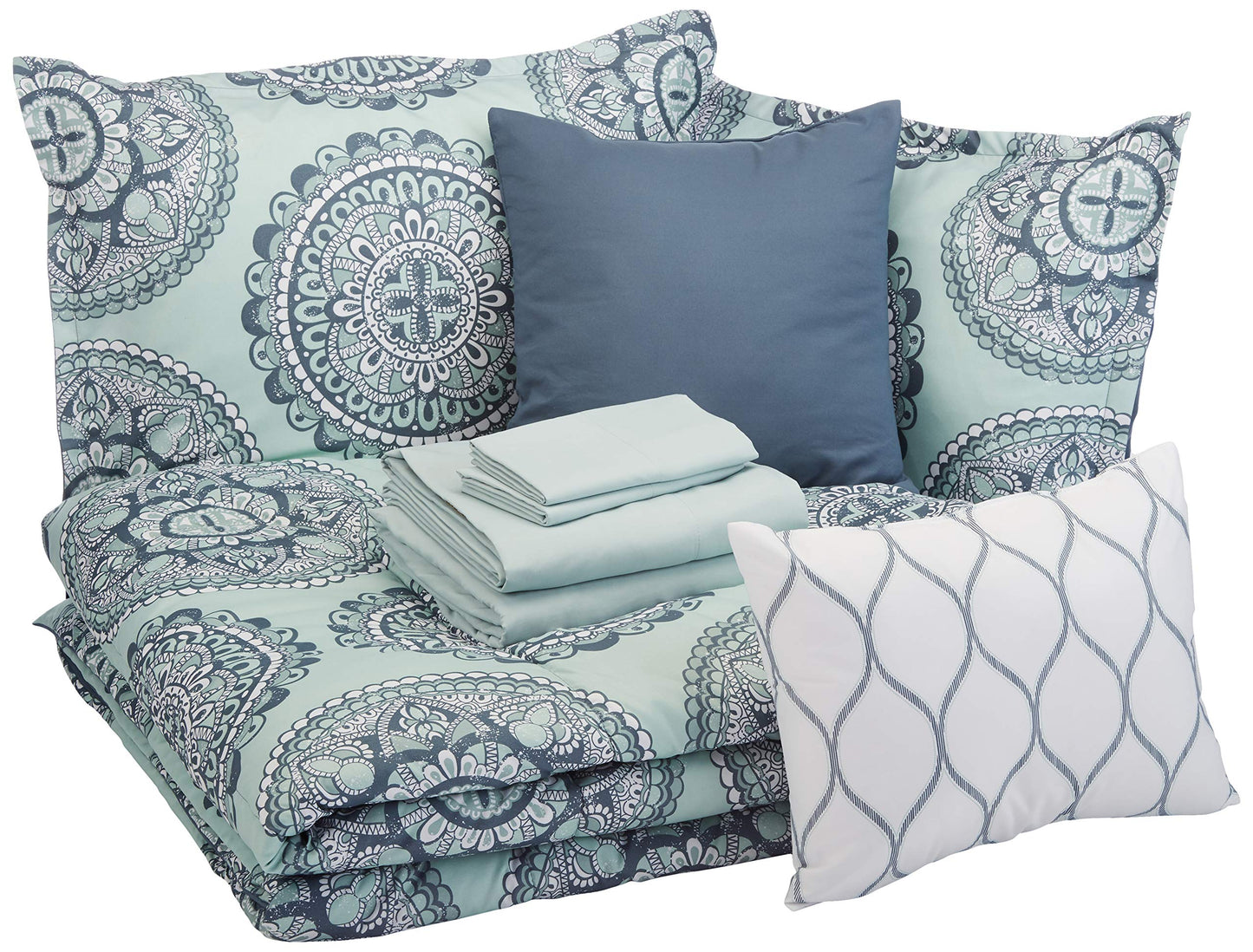Amazon Basics 10-Piece Bed-in-a-Bag Comforter Set, Soft, Lightweight Microfiber, Full/Queen, Sea Foam Medallion
