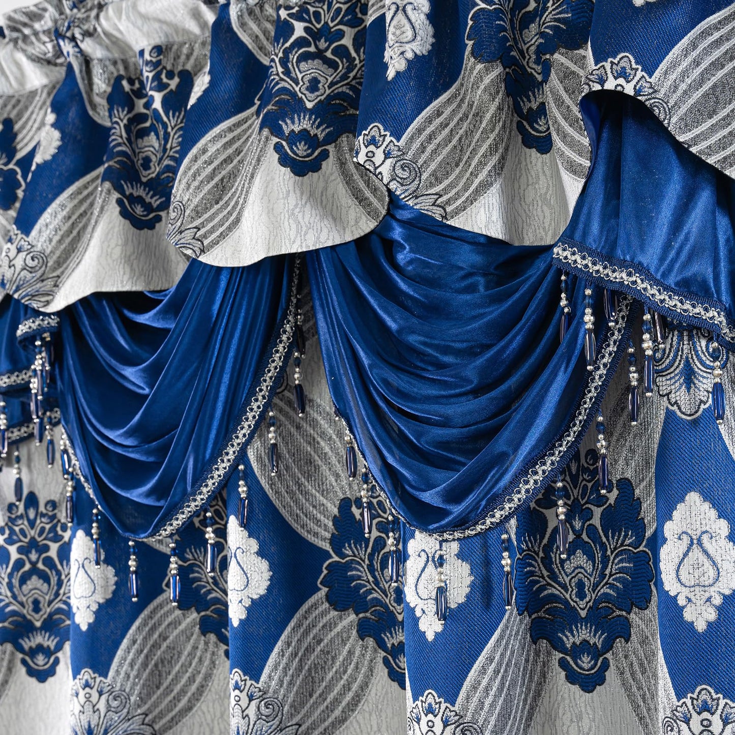 Petrichor Elegant Curtains with Gold Silver Threads 2 Panels Set - Luxury Window Treatment Attached Valance, Sheer Backing, and 2 Tie Backs for Bedroom and Living Room, 54x84 inches, Navy