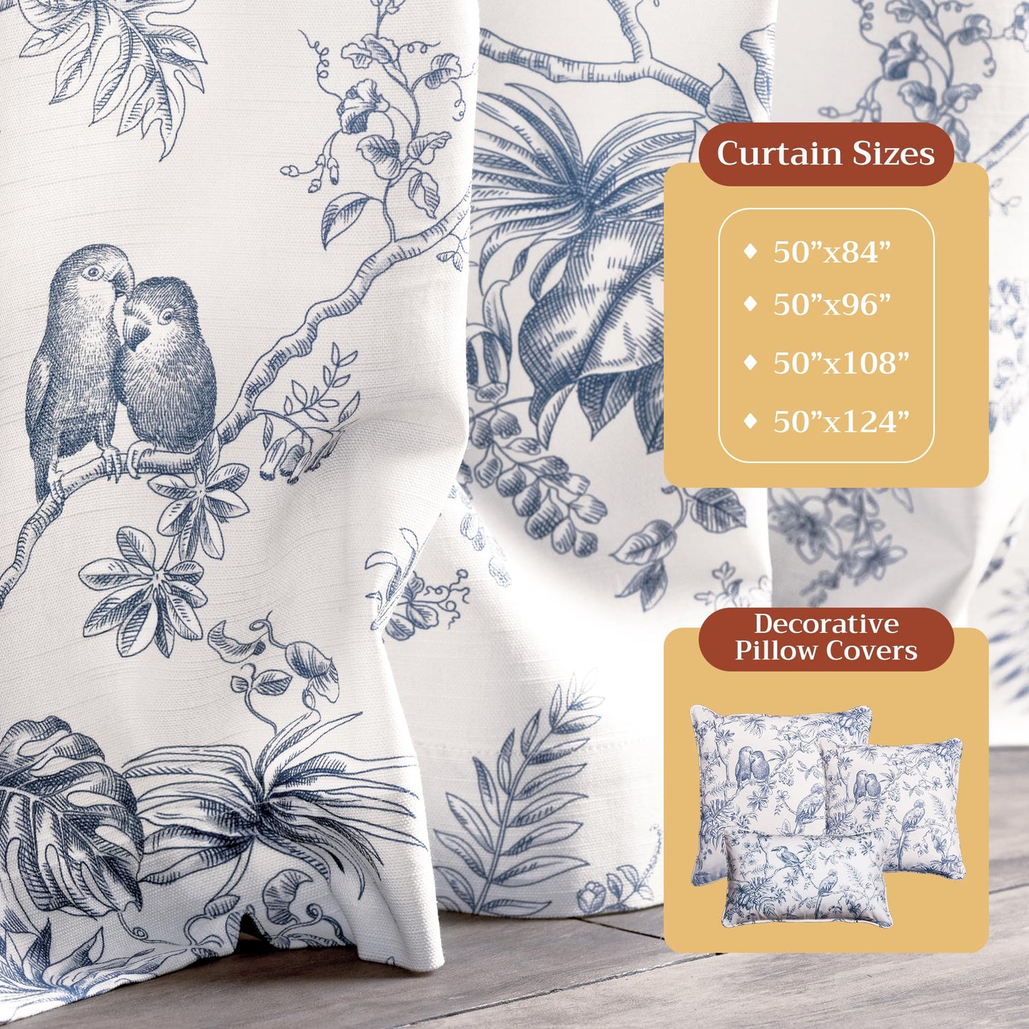 Maison d' Hermine Curtains for Living Room 100% Cotton 96 inch Length One Panel Light Filtering Toile Curtains for Bedroom Windows with Rod and Loop Pockets Drapes (Jouy Paradise Blue, 50" W x 96" L)