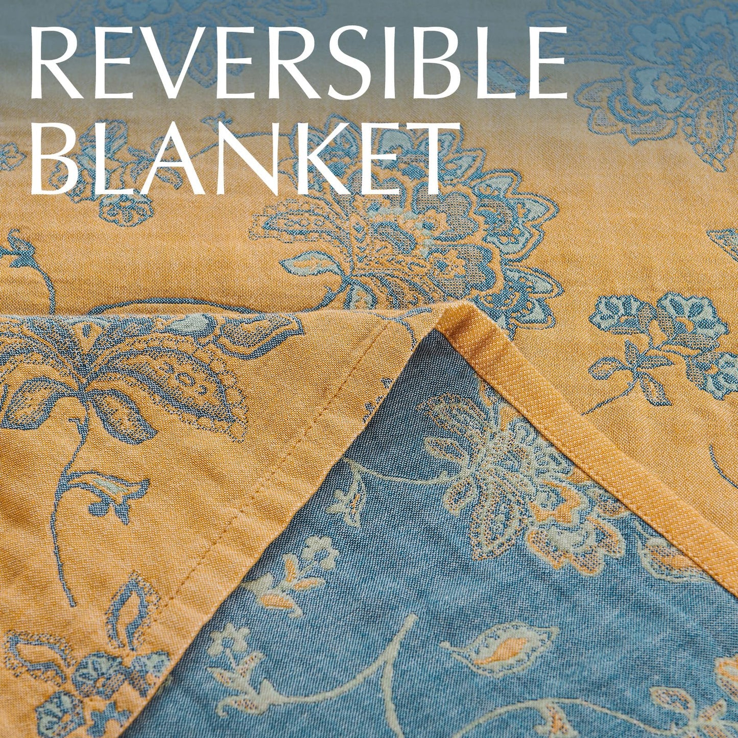 jinchan Boho 100% Cotton Muslin Twin Size 50x60 Inches Blanket Lightweight 4-Layer Quilted Soft Yellow and Blue Floral Throw Blanket Reversible Comfy Flower Breathable All Seasons Couch Bedroom Decor
