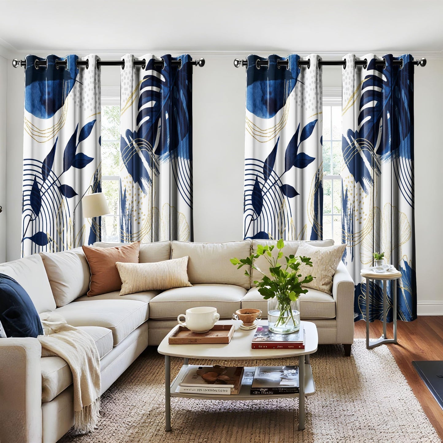 soeeao Boho Navy Blue Leaf Blackout Curtains, Bohemian Mid Century Modern Dark Blue and White Palm Window Drapes for Bedroom Living Room, 84 inch Length 2 Panels Set, 52x84 inch