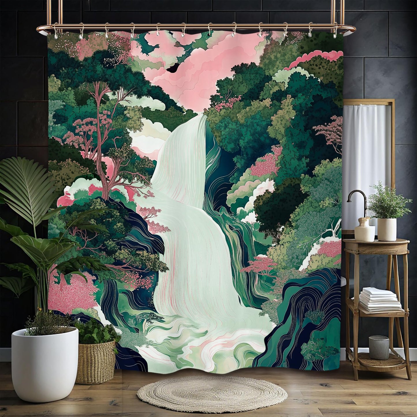 Miyotaa Abstract Waterfall Forest Shower Curtain Set 60Wx71H Inches Emerald Green Pink Japanese Aesthetic Landscape Scene Forest Tree Polyester Waterproof Bathroom Curtain with 12 Hooks
