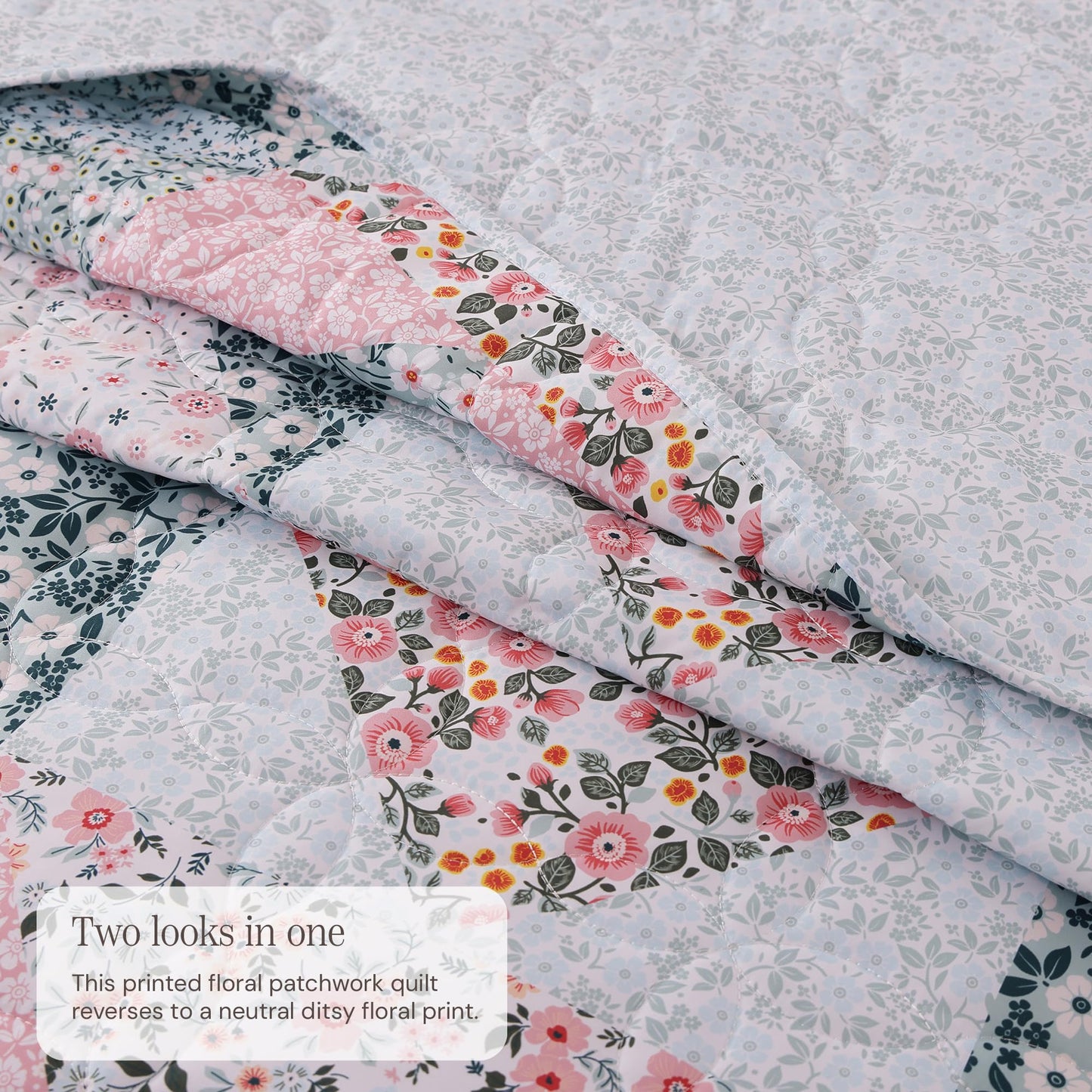 BLOOMHAVEN Quilt Set Queen Size, Patchwork Pink Floral Quilt Sets, Reversible Bedspread Lightweight and Breathable for All Seasons, Soft Quilted Bedspread with 2 Pillow Shams