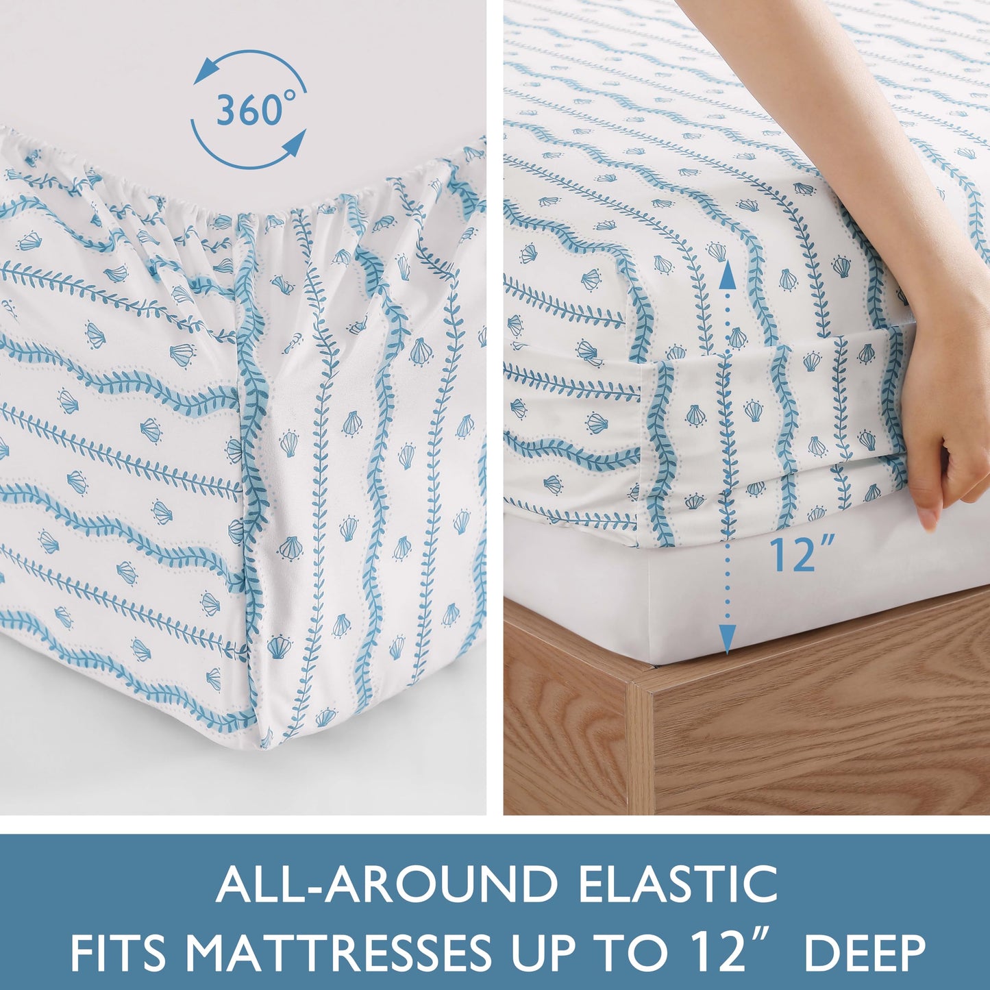 Caribbean Joe 6-Piece Sheet Set with Cooling Pillowcases, 12-inch Deep Pockets, Tropical Beach Coastal Design, Queen, Wavy Coastal Shells