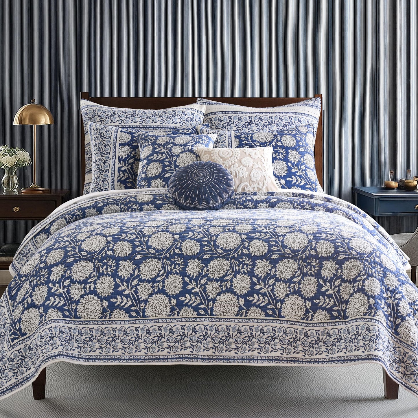 Levtex Home Adare Denim Reversible King/Cal King Quilt Set (106x92in) with 2 Pillow Shams (36x20in) - Floral Bedding - Blue White - Cotton King Size Quilt Bedding Set - Lightweight, Soft, Pre-Washed