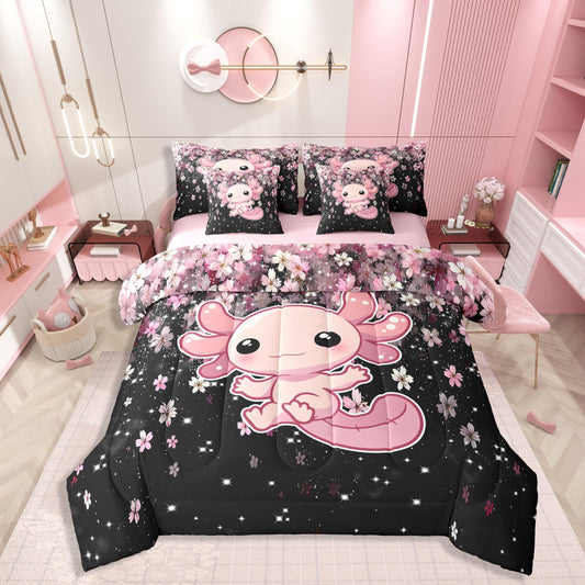 Pink Axolotl Queen Comforter Set Romantic Cherry Blossom Bed in a Bag with Flat and Fitted Sheet for Kids Girls Teens 7-Piece Bedding Set Girly Kawaii Animal Quilt Duvet SetsCartoon Axolotl