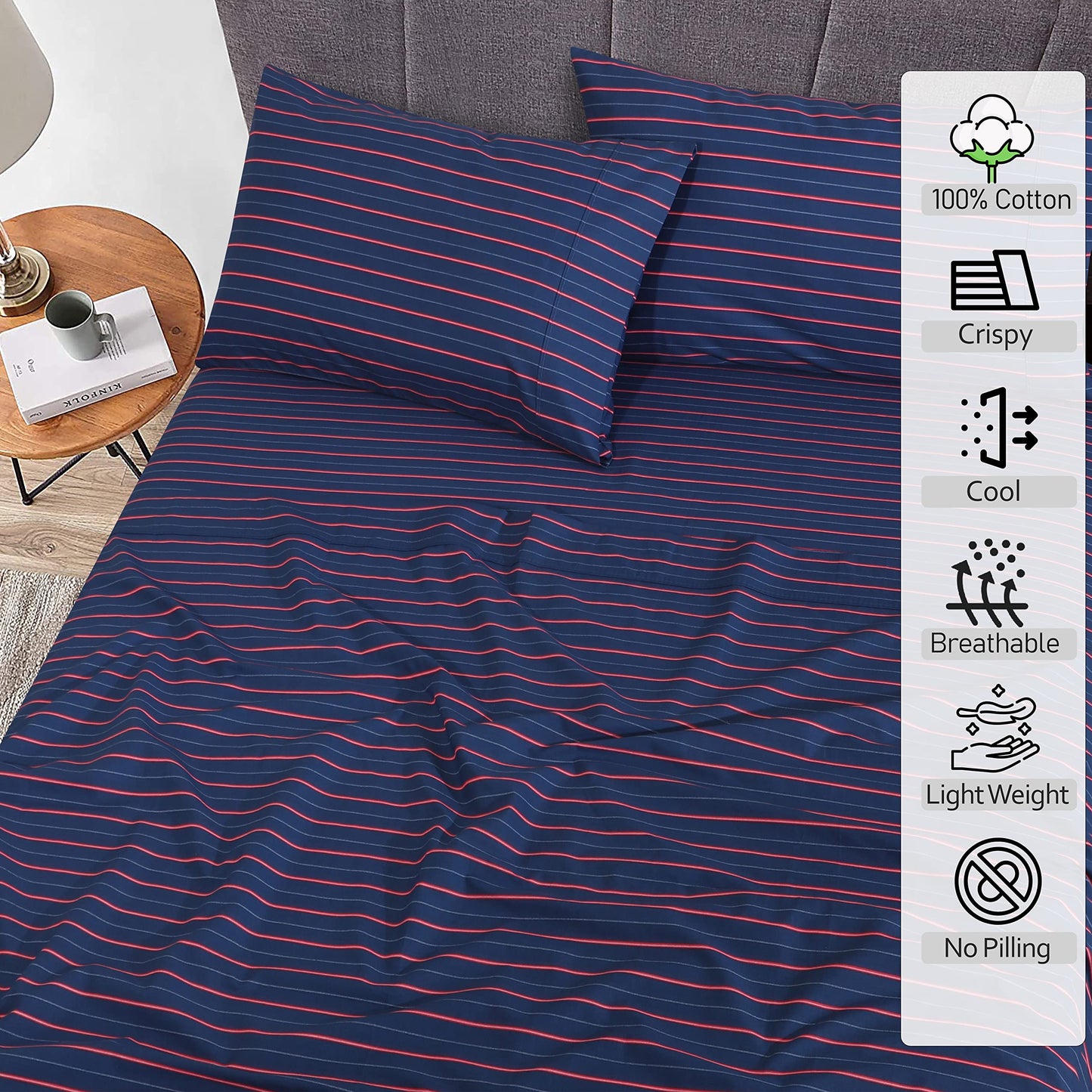RUVANTI 100% Cotton Percale Sheets Full Size, Nautical