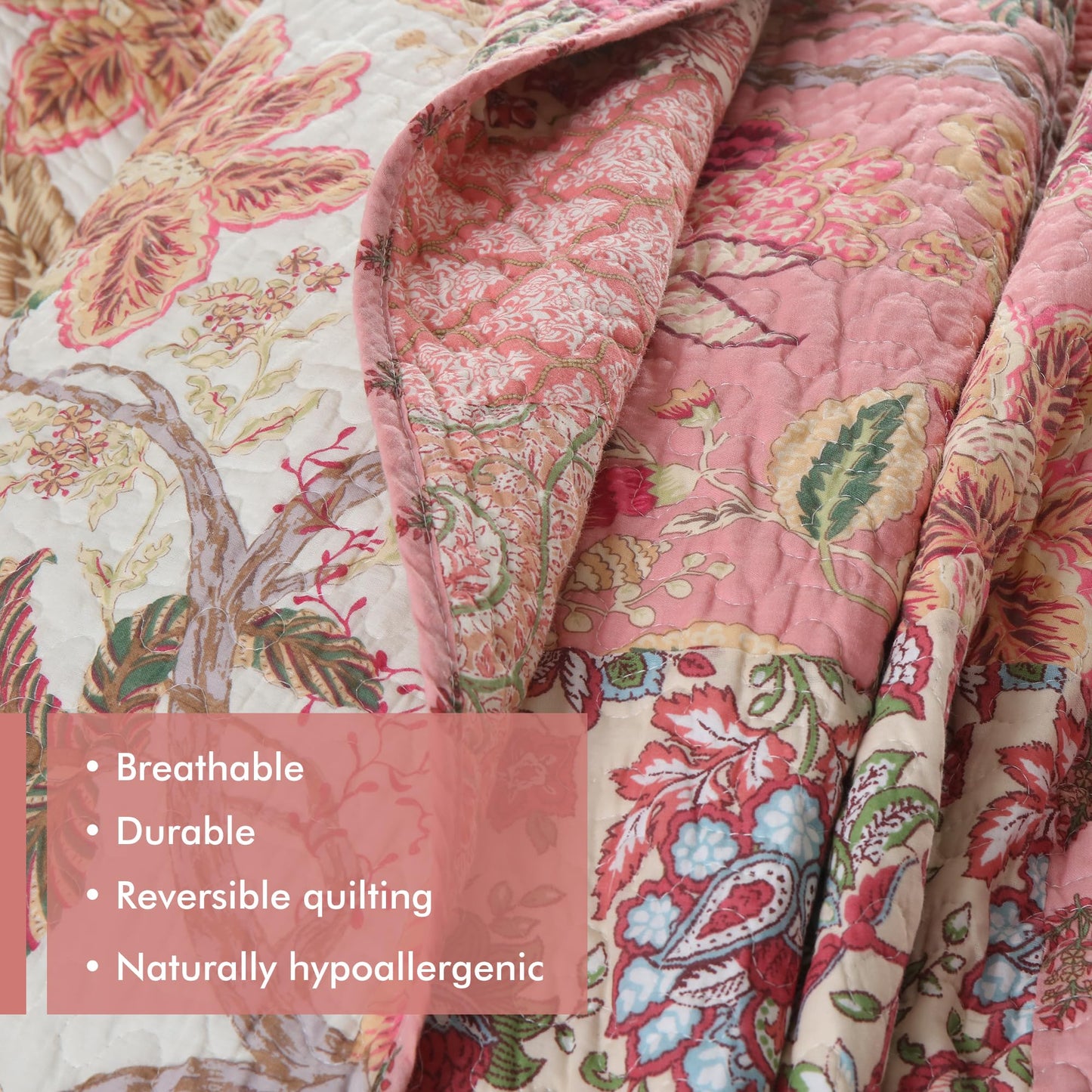 Etwel 100% Cotton Patchwork Queen Size Quilt Set - Lightweight Breathable Reversible Bedspread for Hot Sleepers, Farmhouse Bedding Set with 2 Pillow Shams for All Season (90"x90", Pink Floral)