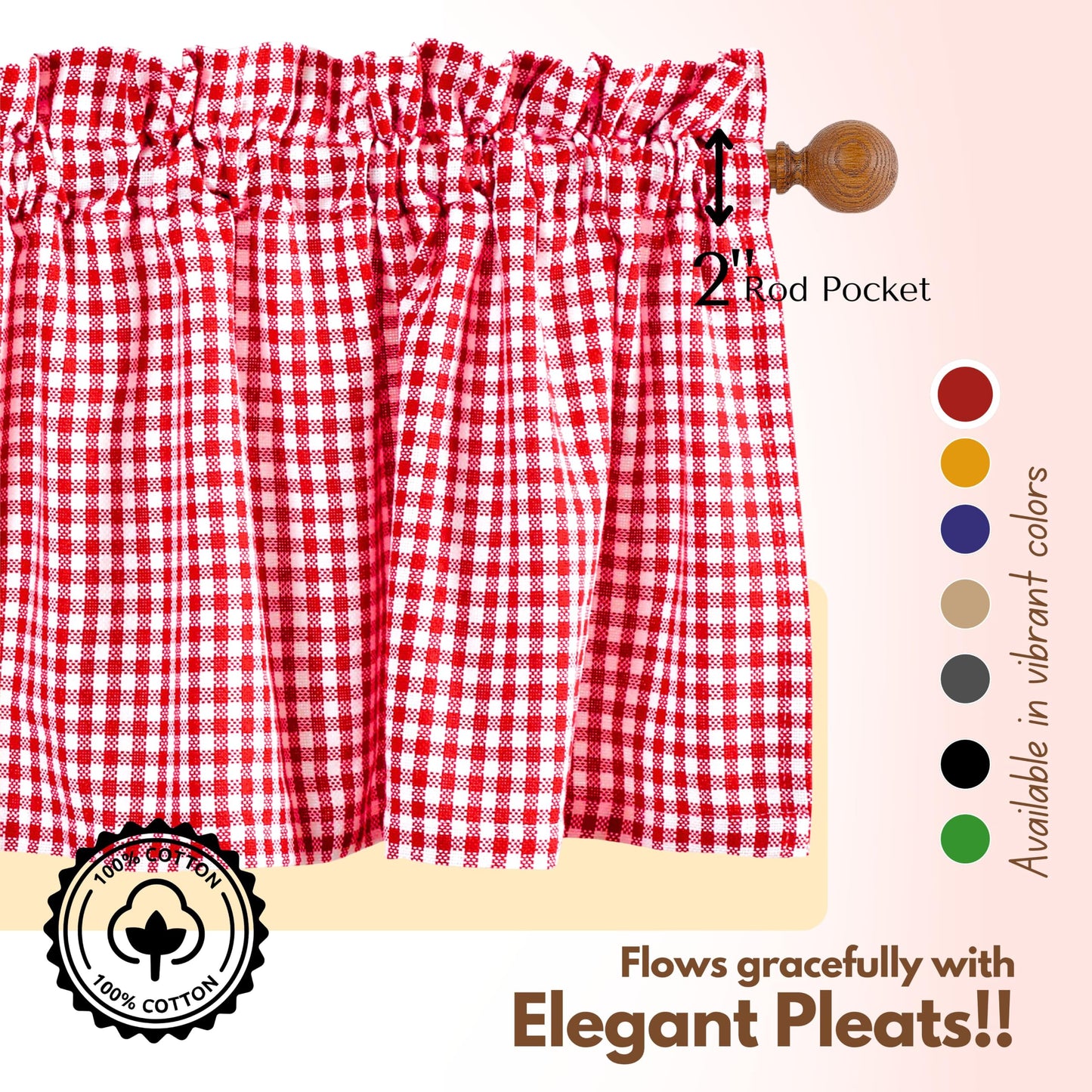 Native Fab Gingham Check 3 Pieces Window Curtain Tiers 26"x36" and Valance 54"x18" Set - Rod Pocket - Semi Sheer - Farmhouse Small Curtain for Kitchen, Bedroom, Living Room - Red and White
