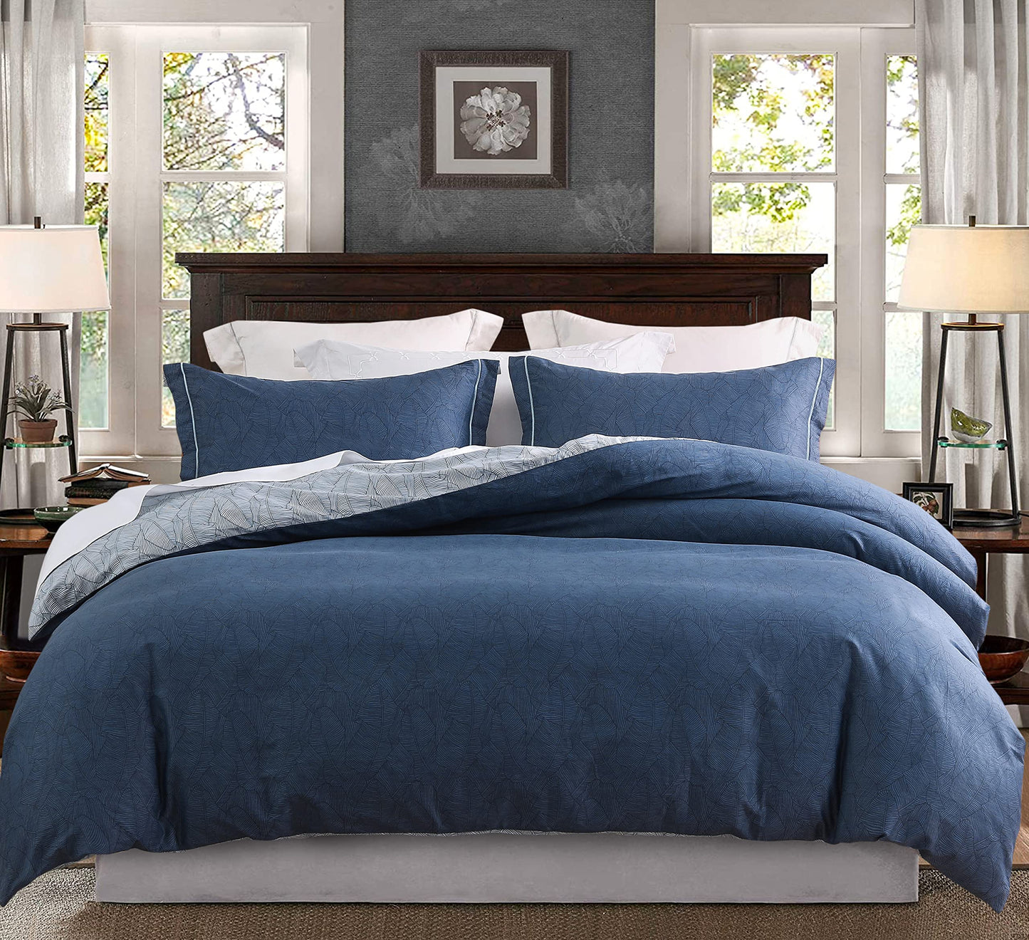 SLEEPBELLA Comforter Queen Size, 600 Thread Count Cotton Navy & Grey Leaves Reveisible Comforter Sets, Down Alternative Bedding Set 3Pcs(Queen, Navy&Blue Leaves)