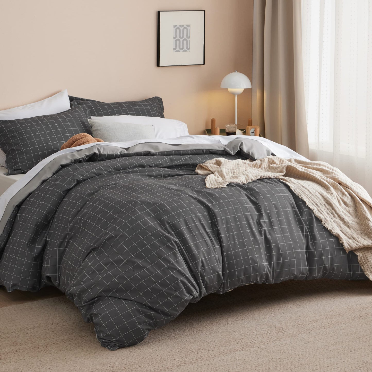 Bedsure Duvet Cover King Size - Reversible Plaid Duvet Cover Set with Zipper Closure, 3 Pieces Dark Grey Bedding Set with 8 Corner Ties and 2 Pillow Shams 20"x36"