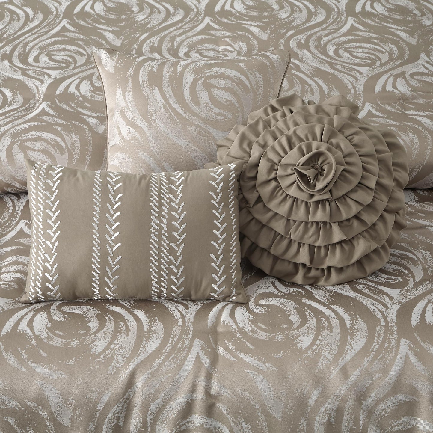 LANCO MODERN LIFESTYLE Taupe 7 Piece Comforter Set, King, Elegant Floral Jacquard, Ultra Soft Bed Set for All Seasons, Bed in a Bag, Include Comforter, Bed Skirt, Pillow Shams & Decor Pillows