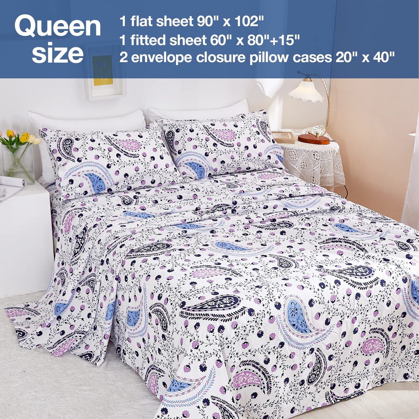 JSD Paisley Floral Printed Sheet Set Queen Size, 4 Piece Soft Pattern Microfiber Sheets Extra Deep Pocket