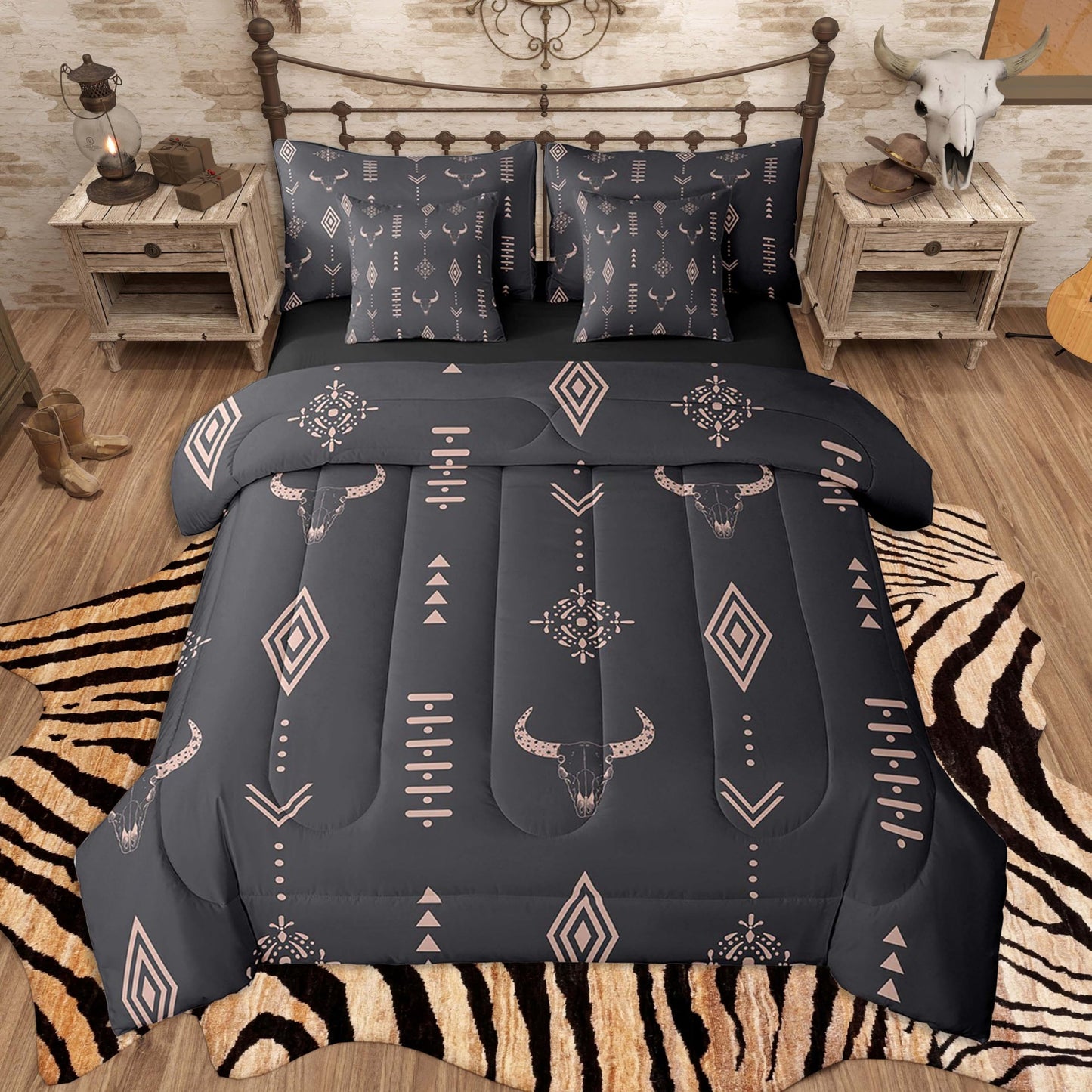 Feelyou Western Comforter Set 7 Pieces Twin Size Kids, Cow Skull Bedding Set Boys Girls, Wild West Rustic Southwestern Bed in a Bag,Comforter + Sheets + Pillowcases + Cushion Covers
