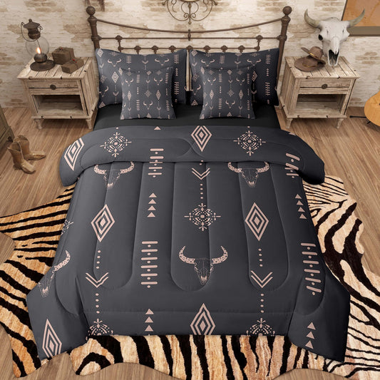 Feelyou Western Comforter Set 7 Pieces Twin Size Kids, Cow Skull Bedding Set Boys Girls, Wild West Rustic Southwestern Bed in a Bag,Comforter + Sheets + Pillowcases + Cushion Covers