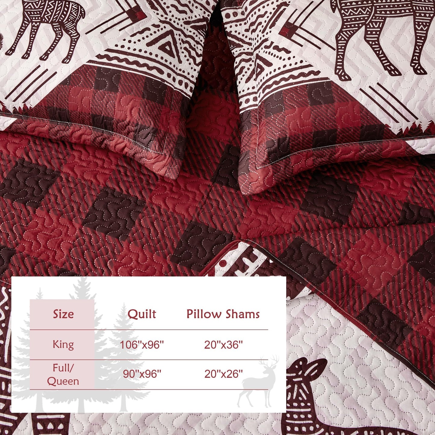 3 Piece Cabin Full/Queen Quilt Sets Christmas Rustic Reversible Microfiber Soft Lightweight Farmhouse Bedspread Comforter with 2 Shams Patchwork Country Lodge Bedding for All Season, 90''x96'', Red