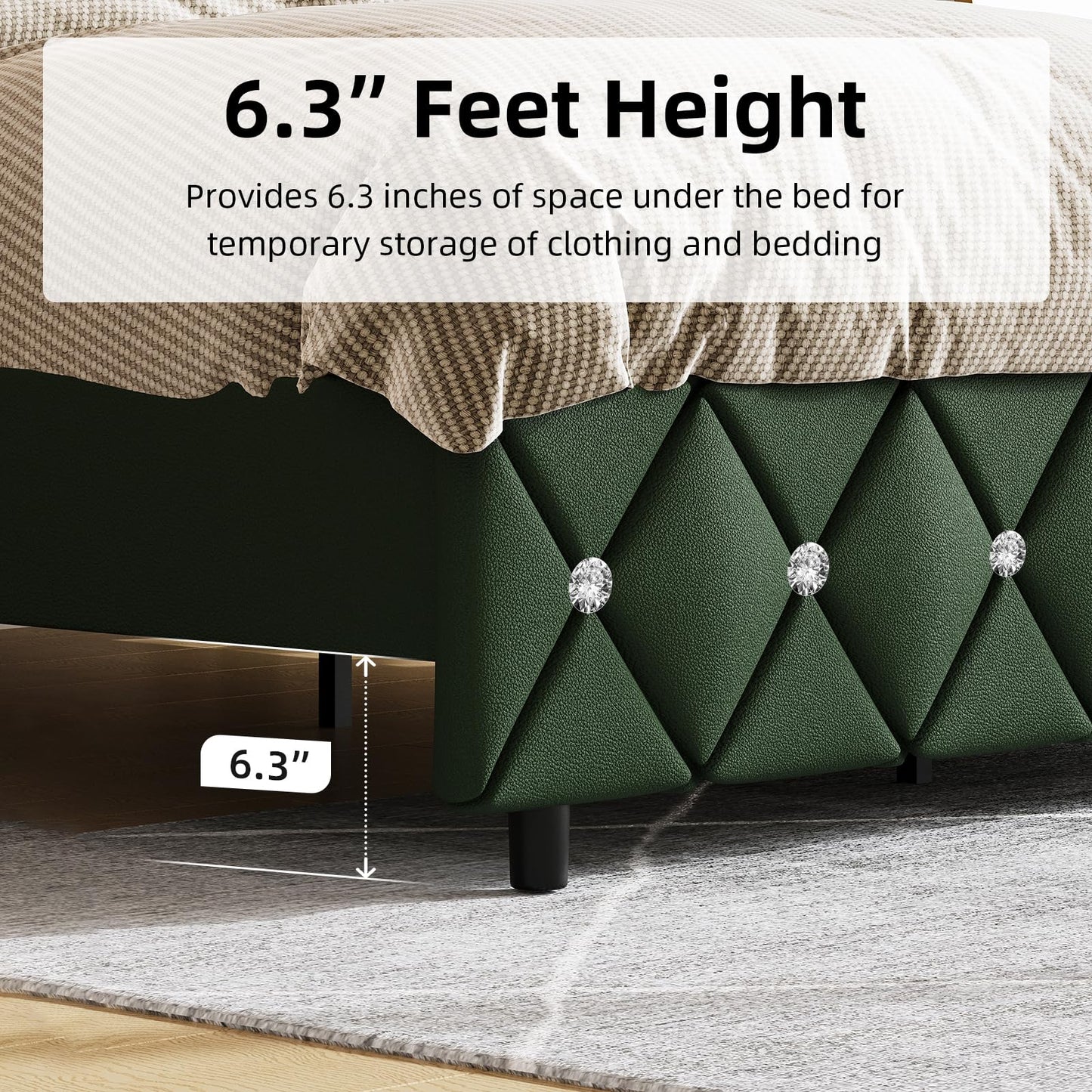 BarnFurin Queen Size Bed Frame with Headboard, Faux Leather Upholstered Bed with Diamond Tufted Design, Modern Bed Frame with Wooden Slats Support, No Box Spring Required, Easy Assembly, Green