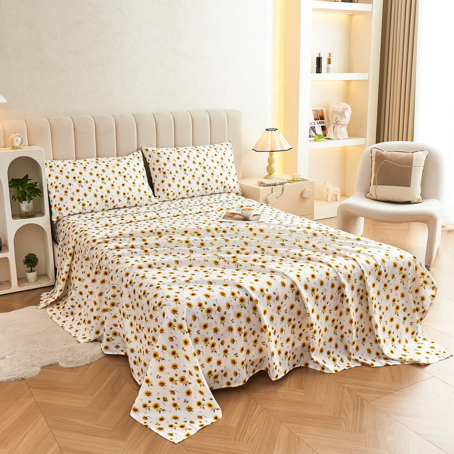 Softan Yellow Floral Sheet Set King, Sunflower Printed Bed Sheets King, Brushed Microfiber Fitted Sheet with 15" Deep Pocket & Non-Slip Straps, Yellow Flower Patterned Sheet & Pillowcase Sets