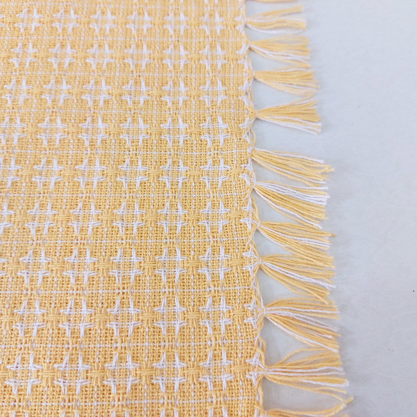 The Season Thread Table Cloth, Yellow/White Woven Fringed, 100% Cotton Table Cover, Size 52x52 Inch, Suitable for Formal Dining, Everyday Meals and Casual Occasions.