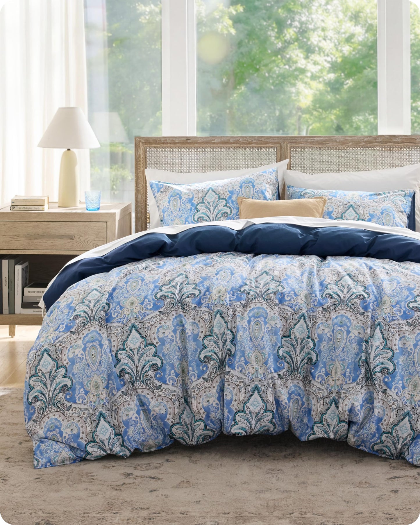 Bedsure Duvet Cover Queen Size - 100% Cotton Reversible Classic Paisley Damask Pattern Duvet Cover Set, 3 Pieces Soft & Breathable PureWoven Bedding Set with 2 Pillow Shams (Blue Paisley 90"x90")
