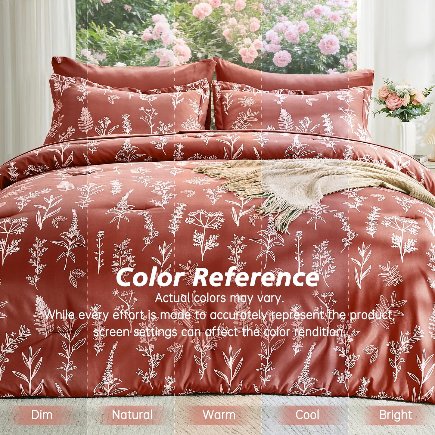 MUXHOMO Terracotta Bed in a Bag Queen 7 Pieces, Queen Comforter Set Reversible Botanical Flowers Design, Ultra Soft & Breathable Bedding Sets with Comforter, Sheets, Pillowcases & Shams