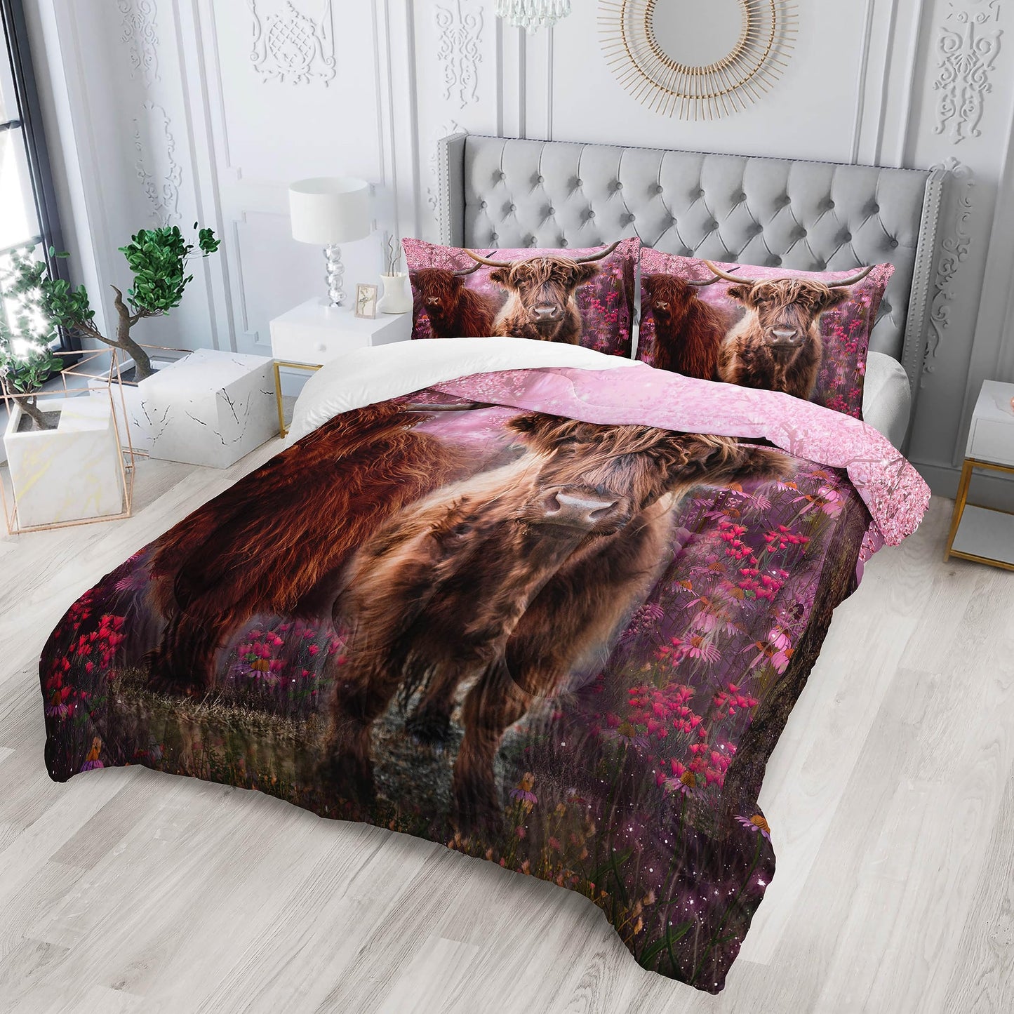 Cow Print Comforter Set 3Pcs Twin Size Cherry Blossom Cattle‌ Bedding Set