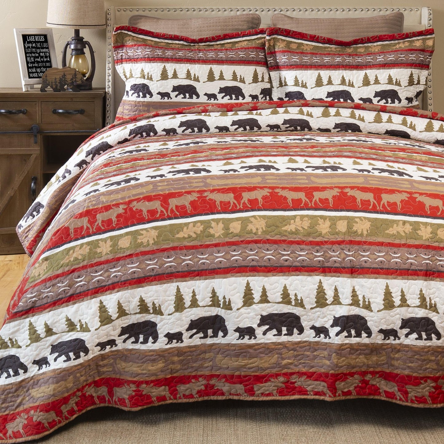 Carstens Rustic Cabin Country Bedding Set, 3-Piece Microfiber Quilt, Rustic Cabin & Lodge Stripe, King