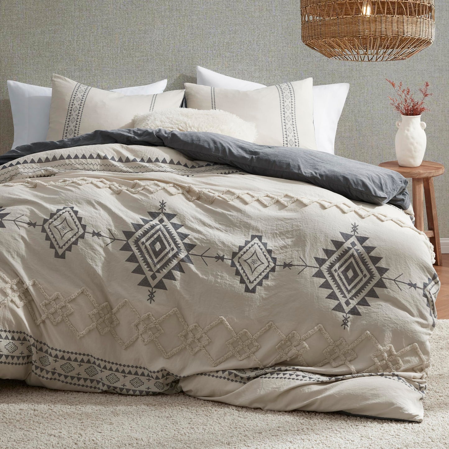 Oli Anderson Boho Duvet Cover Set Queen Size, Beige and Gray Color Clash 3 Pieces Microfiber Bedding Set, Durable and Super Soft Duvet Covers with Zipper and Ties, 90"*90"