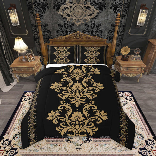 jejeloiu Queen Size Black Gold Damask Print Bedding Set for Kids Boys Girls Gothic Vintage Comforter Set Jacquard Floral Duvet Quilt Bedroom Decor Soft Lightweight Microfiber 3Pcs